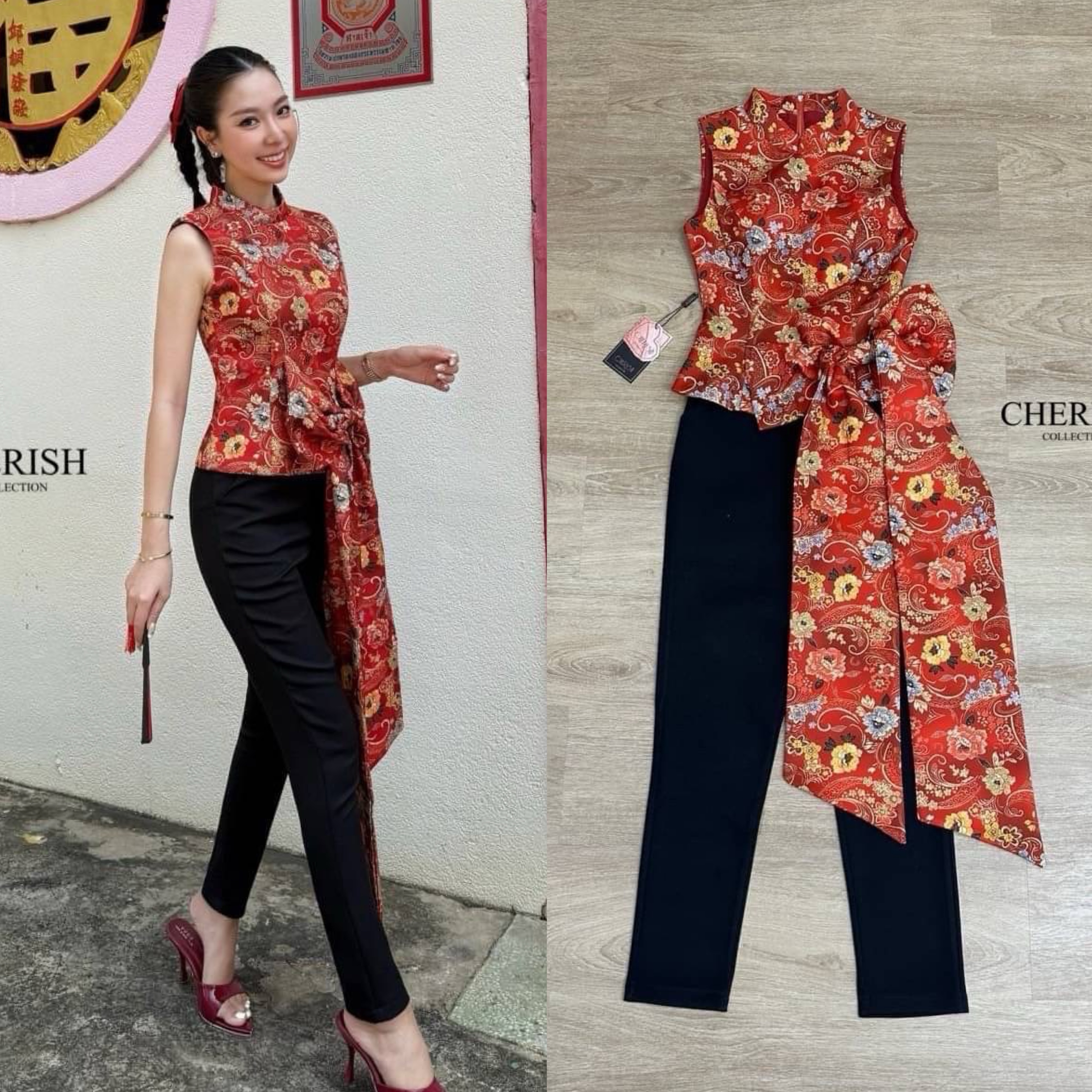 Set กี่เพ้าสไตล์โมเดริน ตัวเสื้อคอจีนพิมพ์ลาย แต่งโบว์ใหญ่ ทิ้งชายยาว ตัวกางเกงทรงกระบอกเล็ก ใส่แล้วเข้ารูปเข้าคู่กันสุดๆ ใส่สบาย : สินค้าคุณภาพ (พร้อมส่ง)