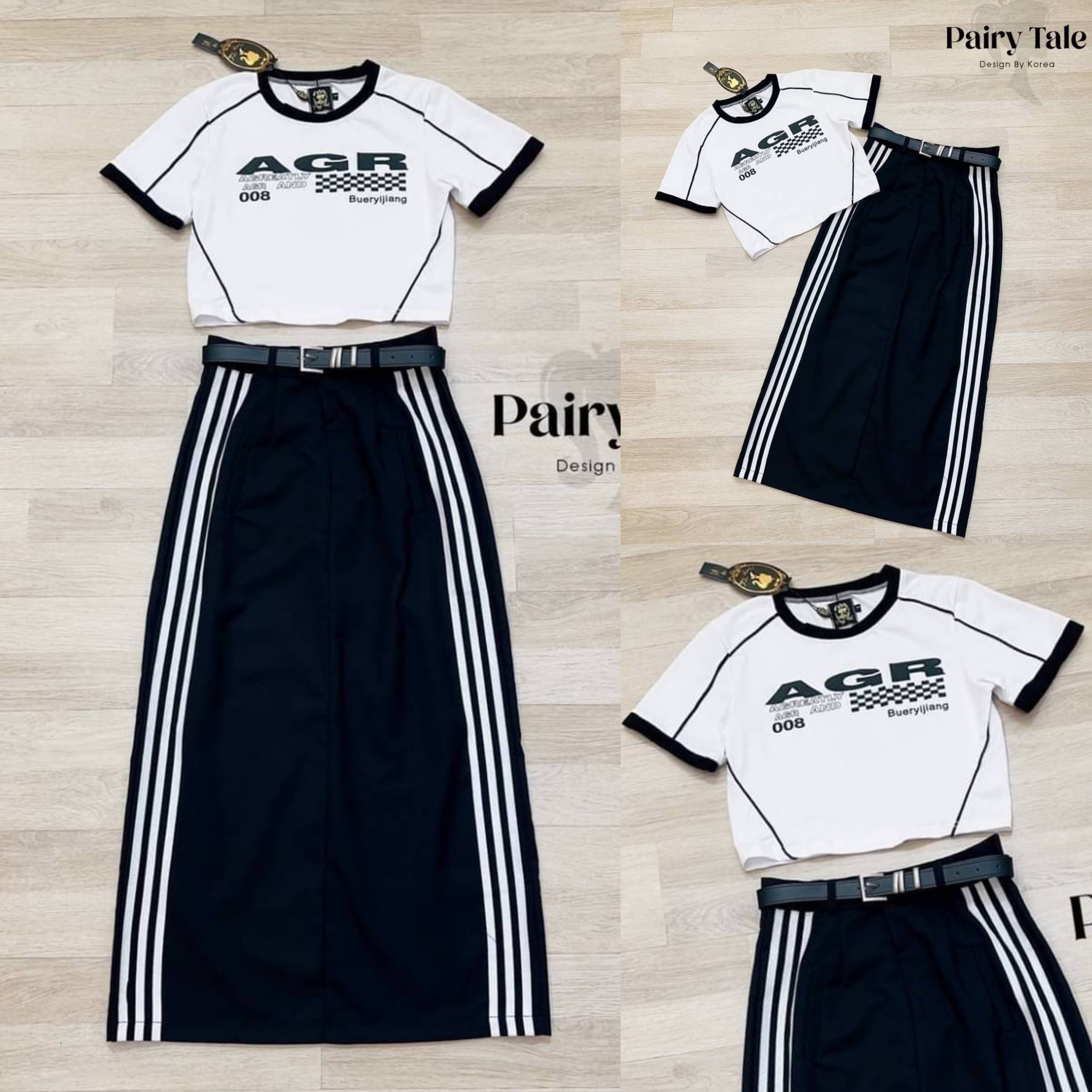 Set 3ชิ้น เสื้อยืดสีขาวขอบดำสกรีนลาย แมตกระโปรงทรงAยาวแต่งแถบสีขาว แมตเข็มขัดเข้าเซ็ต สินค้าคุณภาพ (พร้อมส่ง)