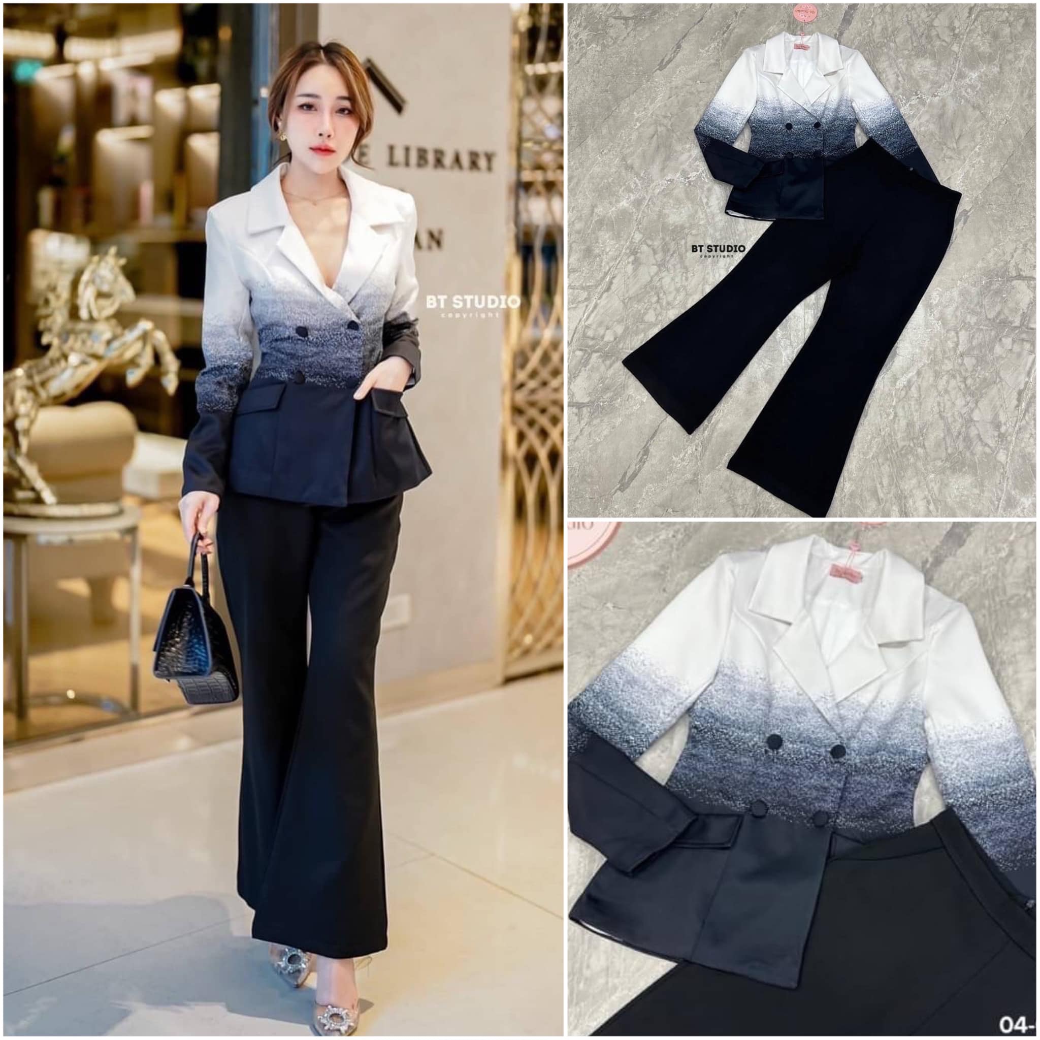 เซท เสื้อเบเซอร์แขนยาวคอปกแต่งไล่สีจากสีพื้นไปอีกสี แต่งกระดุม 4 เม็ด แมทซ์กับกางเกงขายาวกระเป๋าใช้งานได้จริง ใส่สบาย สินค้าคุณภาพ (พร้อมส่ง)