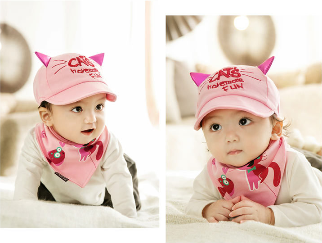 Set หมวก+ผ้ากันเปื้อน เด็กเล็ก 6-24 เดือน หมวกแมวน่ารักกับผ้ากันเปื้อนสามเหลี่ยมสไตล์เกาหลี Cat Have More Fun