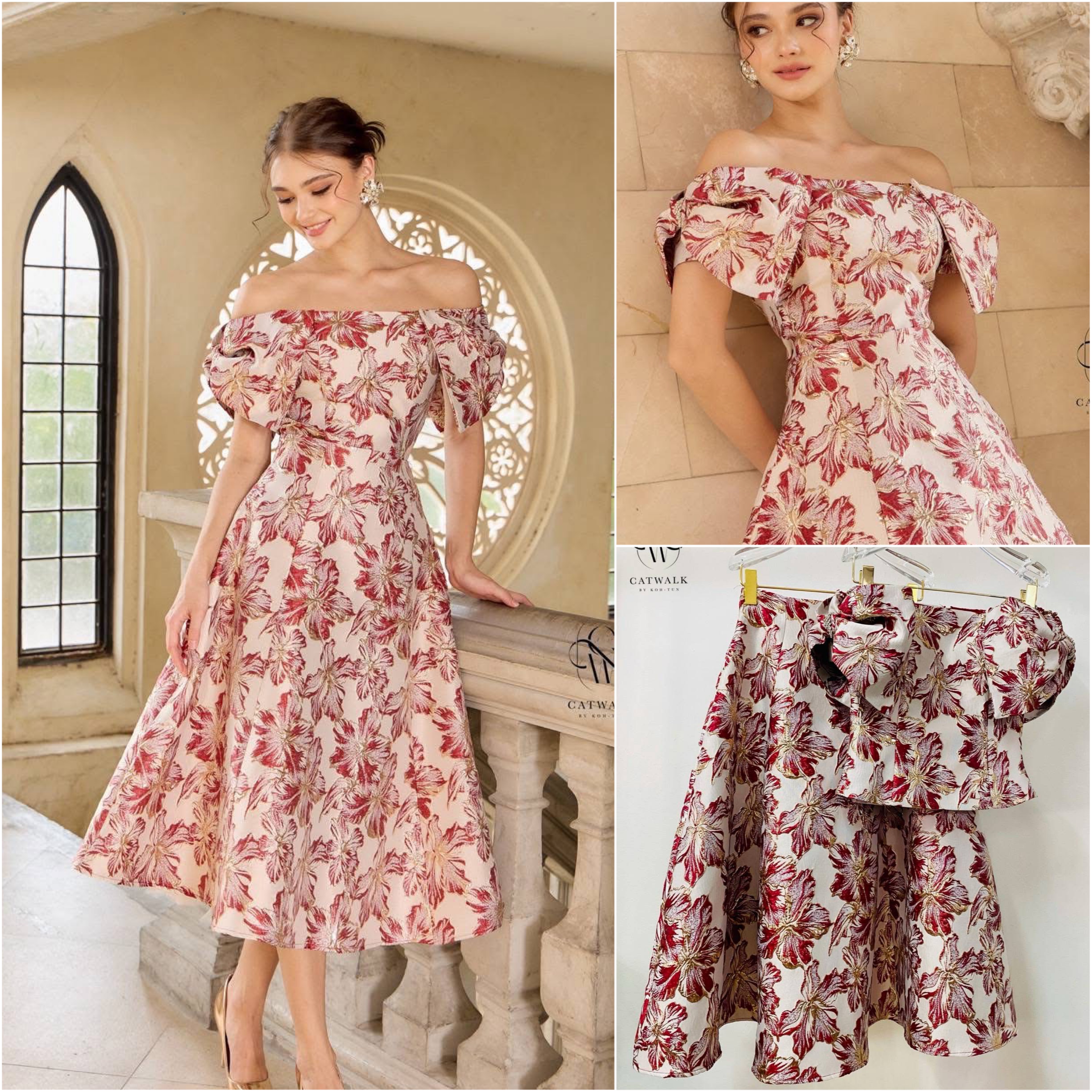 เซตผ้าทอลายเสื้อปาดไหล่โบว์ไหล่+กระโปรงทรงย้วย เนื้อผ้าเกรดเอ ผ้าสวยมาก ใส่สบาย : สินค้าคุณภาพ (พร้อมส่ง)