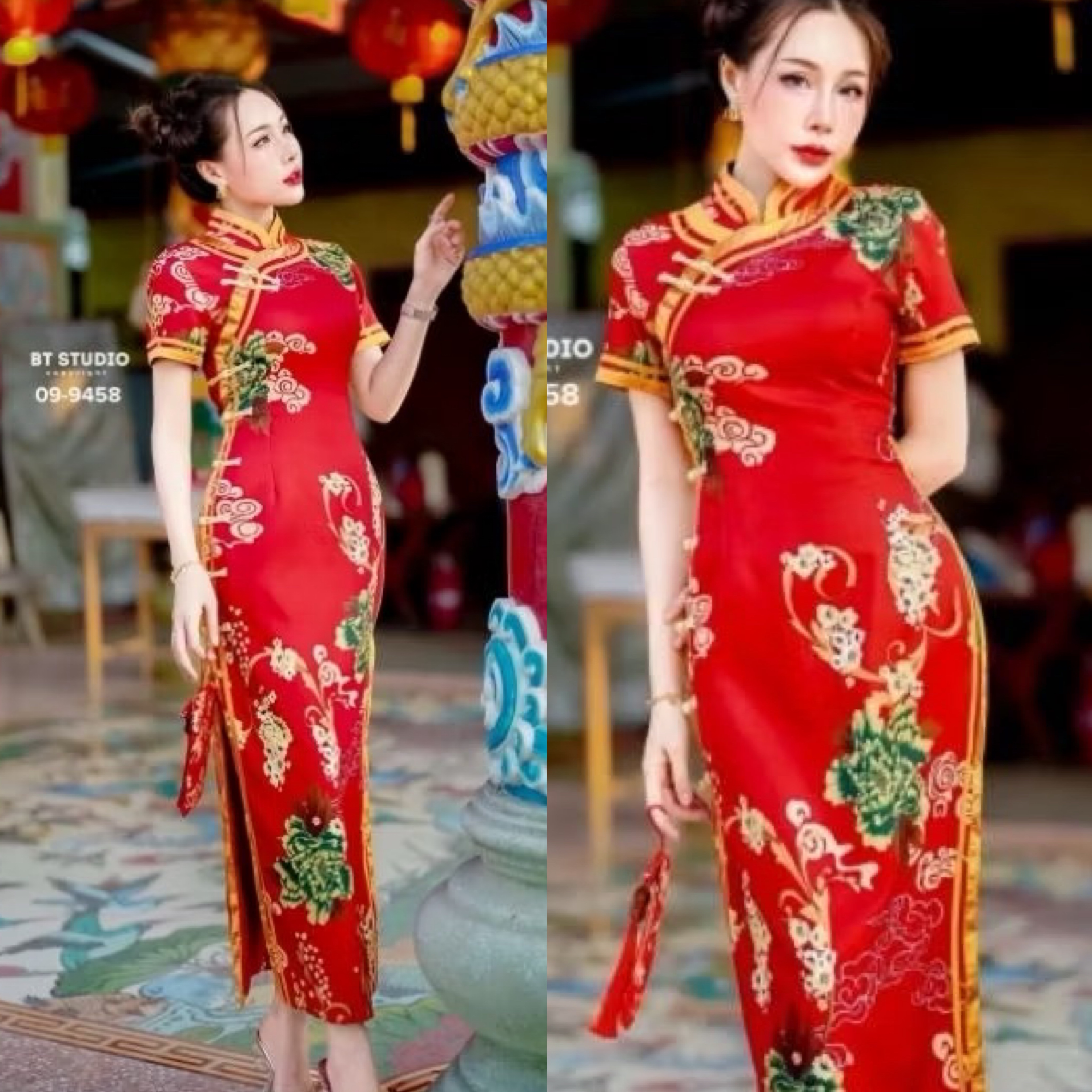 เดรสกี่เพ้าคอจีนแต่งกระดุมและกุ้นแทบจีน ตัดลายผ้าลายดอกไม้ งานสวย หรู ดูแพง คัตติ๊งสวยมาก ๆ ค่ะ ใส่สบาย : สินค้าคุณภาพ (พร้อมส่ง)