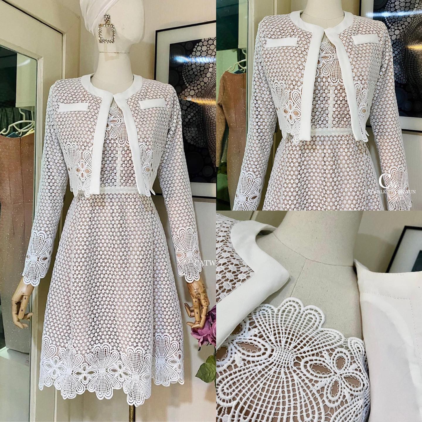 เซตเดรสลูกไม้+เสื้อคลุมผ้าลูกไม้ รุ่นนี้การันตีเลยเนื้อผ้าดีมาก ผ้าลูกไม้ทอลายเกรดเอ สินค้าคุณภาพ (พร้อมส่ง)