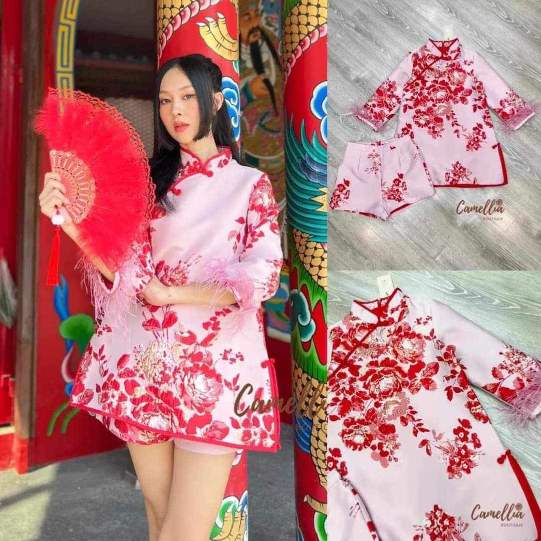 ชุดSet กี่เพ้า เสื้อคอจีนแขนยาว 3 ส่วนแต่งขน ที่ปลายแขน + กางเกงขาสั้น ผ้าทอลายทั้งชุด ใส่สบาย สินค้าคุณภาพ (พร้อมส่ง)