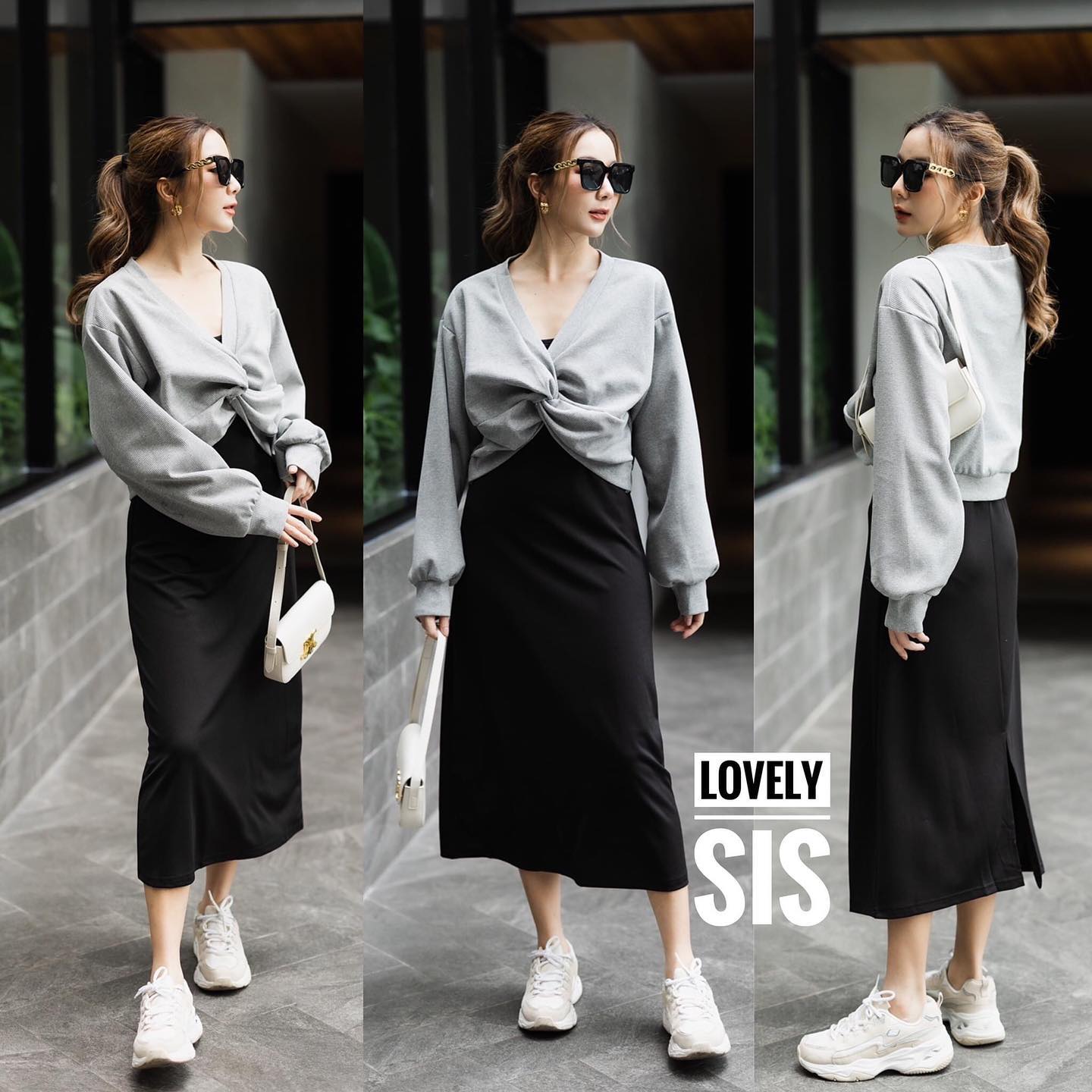 ชุด Set 2 pcs เสื้อตัวนอกแขนยาว เนื้อผ้ามี texture นูน แต่งบิดเกลียว ด้านหน้า ใส่คลุมทับเดรสสายเดี่ยว. สินค้าคุณภาพ (พร้อมส่ง)