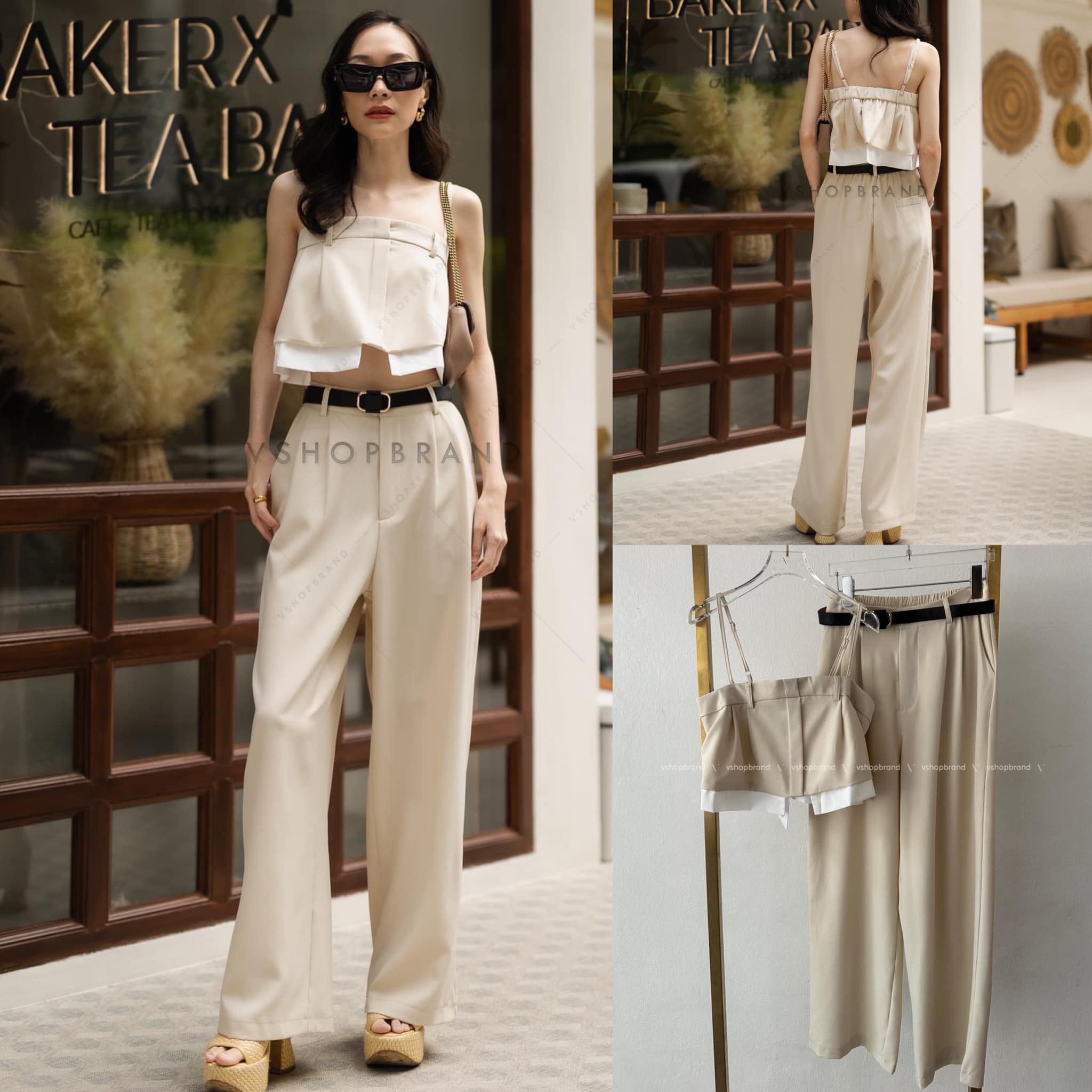 Set เสื้อครอปสายเดี่ยว ต่อขอบ + กางเกงขายาว สินค้าคุณภาพ (พร้อมส่ง)