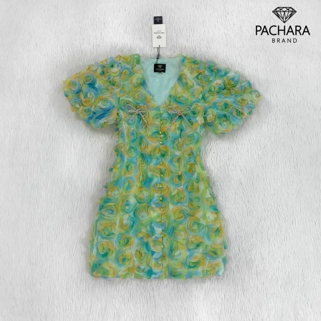 เดรสสั้นคอวีแขนตุ๊กตาสีเขียวพาสเทล ปักดอกกุหลาบ 3D อัดแน่นหลายร้อยดอกทั้งชุด มาพร้อมเข็มกลัดโบว์สีเงินสองข้าง ใส่สบาย สินค้าคุณภาพ (พร้อมส่ง)