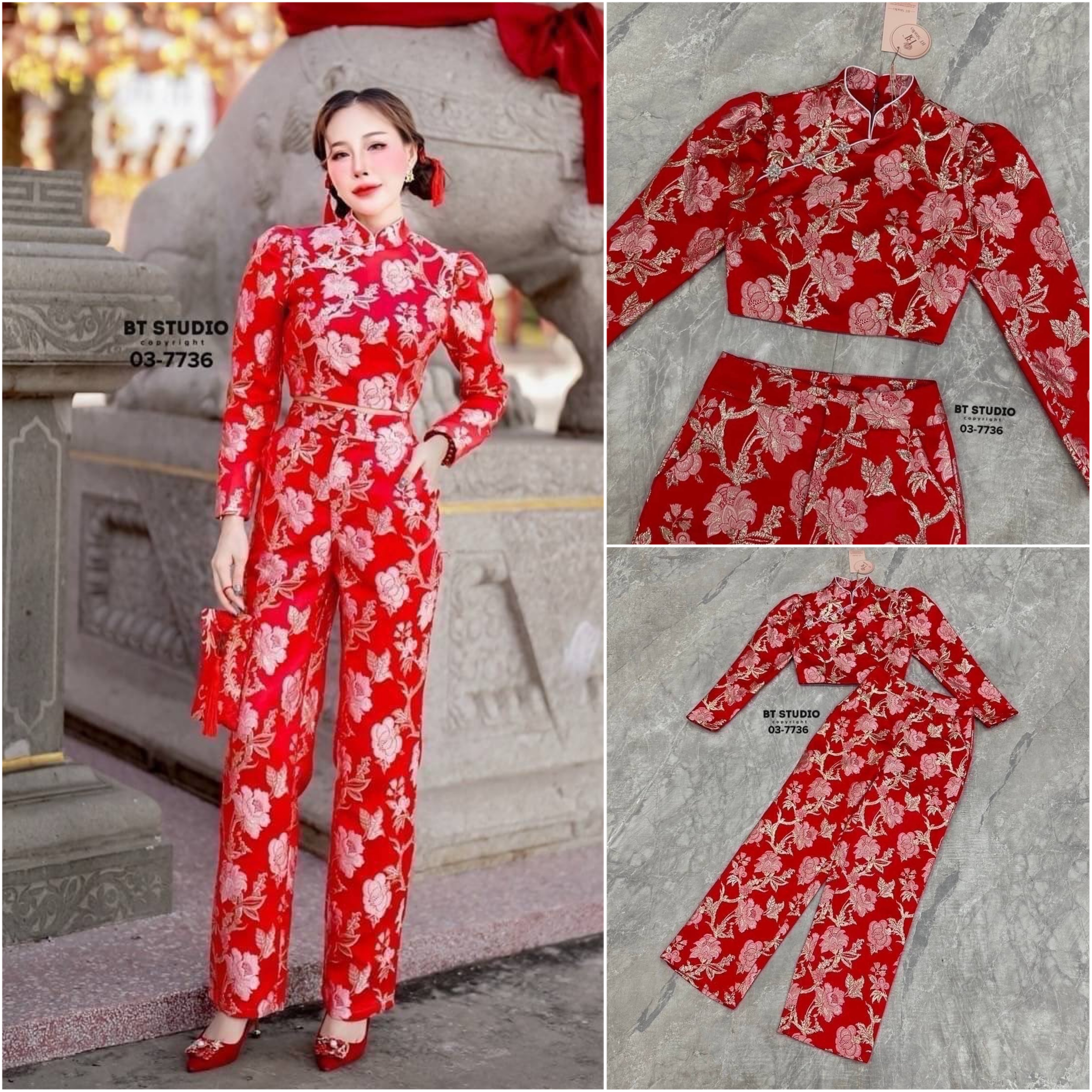 เซท 2 ชิ้น เสื้อครอปสั้นแขนยาวคอจีน แต่งกระดุมเพชร แมทซ์กับกางเกงขายาว งานผ้าทอลายดอกกุหลายปักสวยงามมาก งานสวยเนื้อผ้าดี มีซับในค่ะ ใส่สบาย : สินค้าคุณภาพ (พร้อมส่ง)