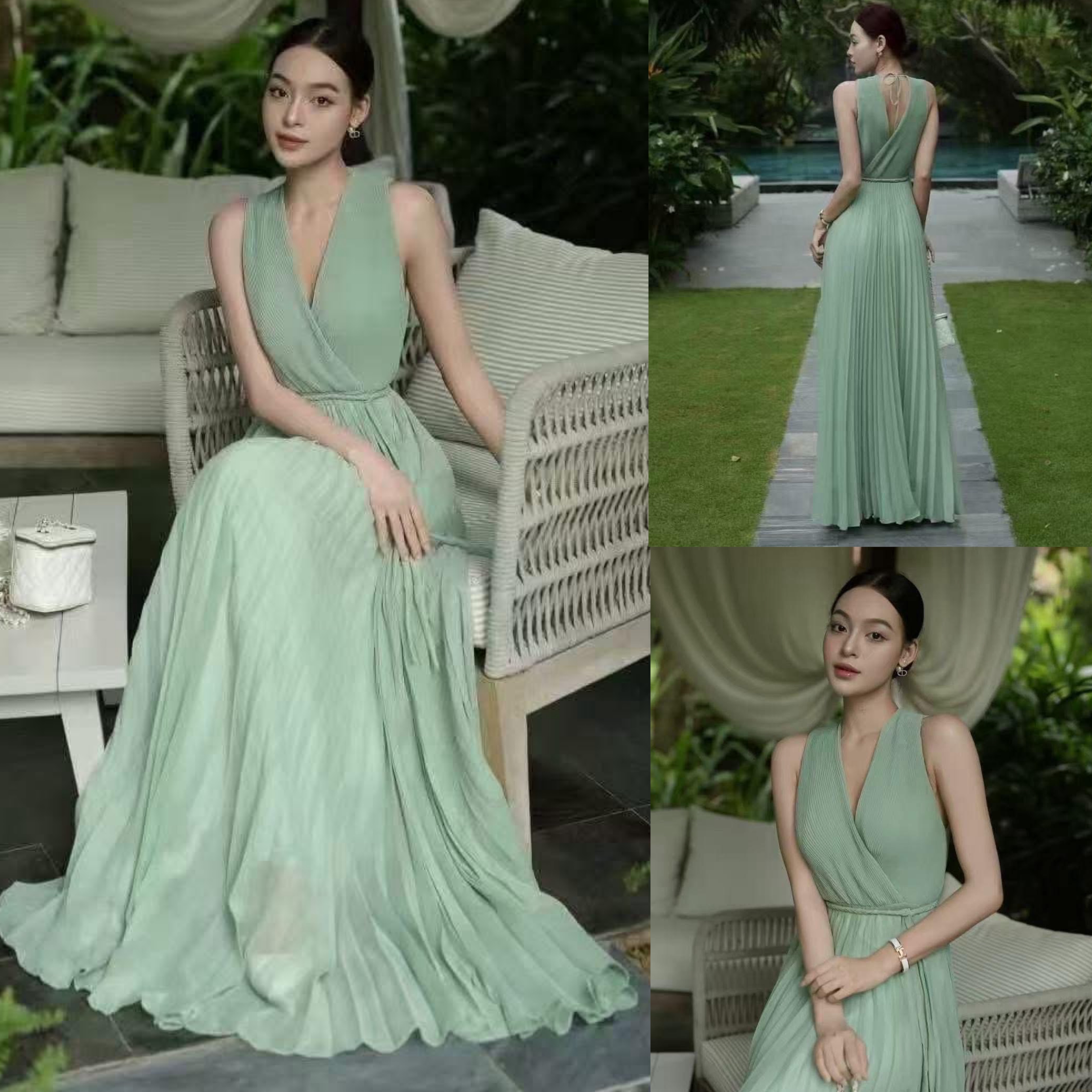 เดรสแขนกุดพลีตสีเขียวตัวยาว มาพร้อมเชือกสานผูกเอว ราคานี้มือต้องไวเลยค่า รุ่นนี้ใส่สวย ใส่สบาย : สินค้าคุณภาพ (พร้อมส่ง)