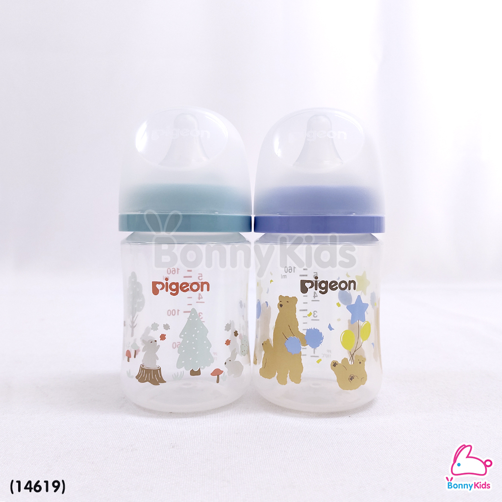 (14619) Pigeon (พีเจ้นท์) SofTouch PPWN ขวดคอกว้าง จุกซอฟท์ทัช SS 5oz แพ็ค 2 ขวด ลายBearRebbit (0m+)