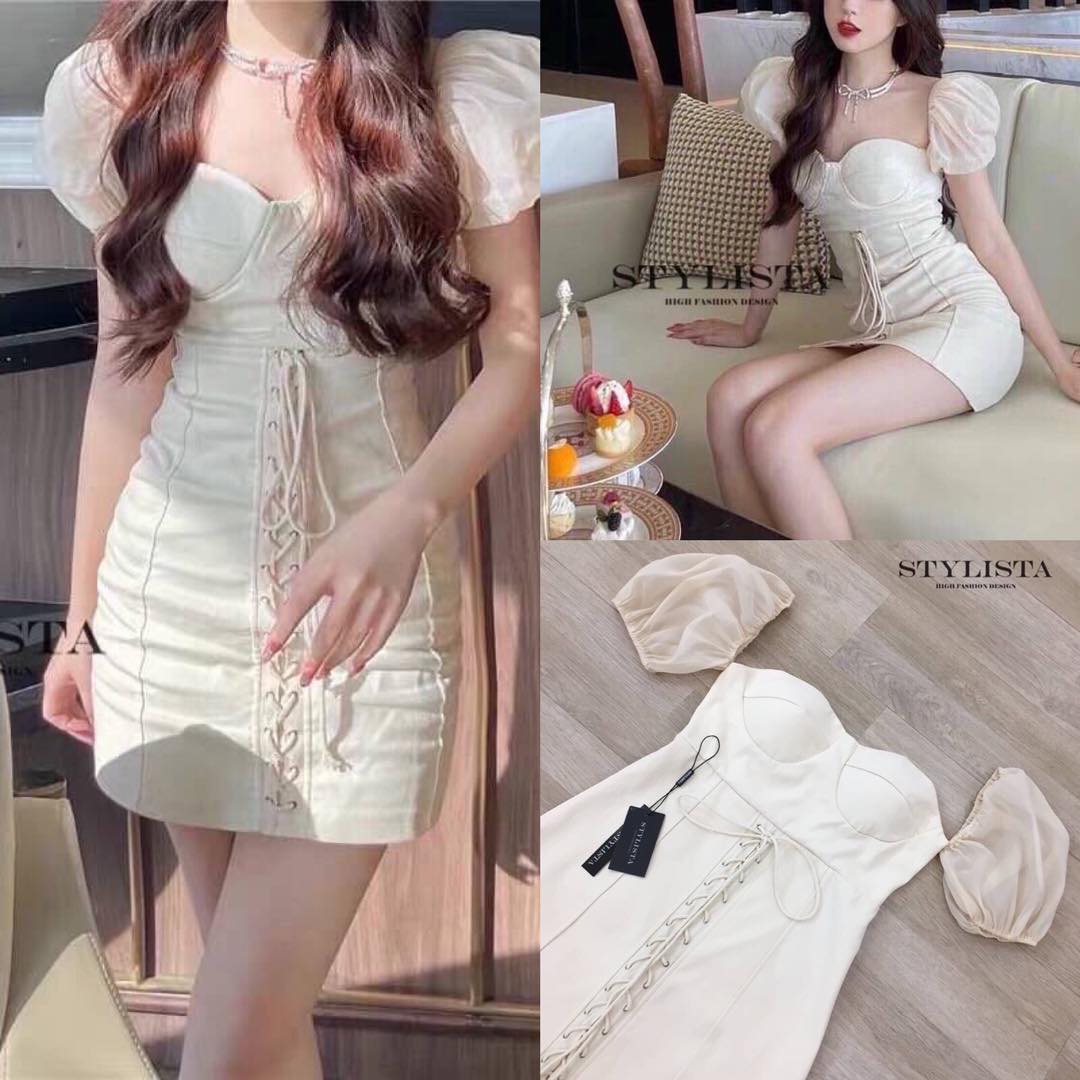 เดรสทรงพอดีตัว เเขนรั้ง ด้านหน้า เชือกผูกเเบบไขว้ ใส่สวยเรียบหรูมาก สินค้าคุณภาพ (พร้อมส่ง)
