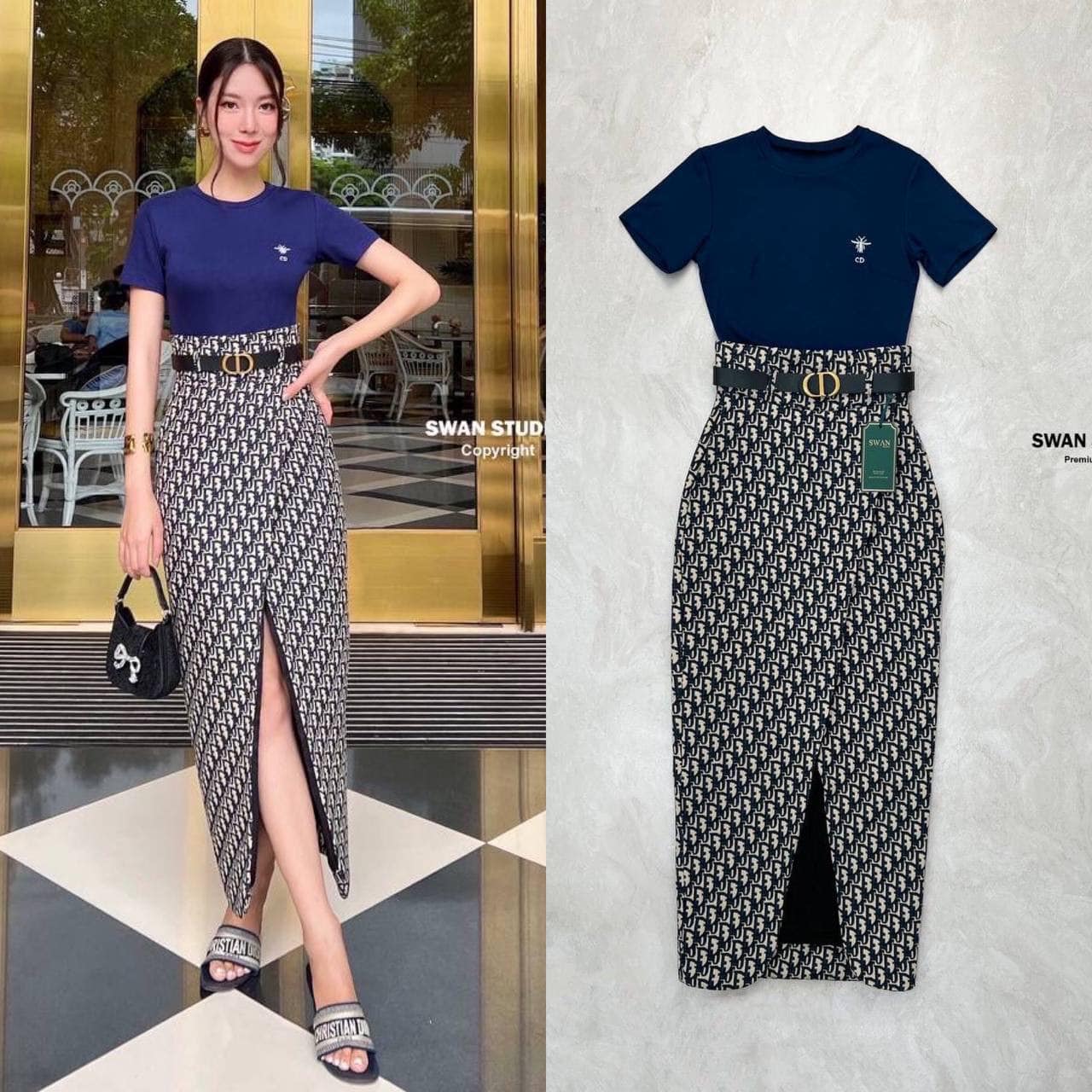 เซทเสื้อยืดสีกรม ปักตัวอักษร +กระโปรงยาว มีแหวกด้านหน้า เอวสูง + เข็มขัด ใส่สบาย สินค้าคุณภาพ (พร้อมส่ง)