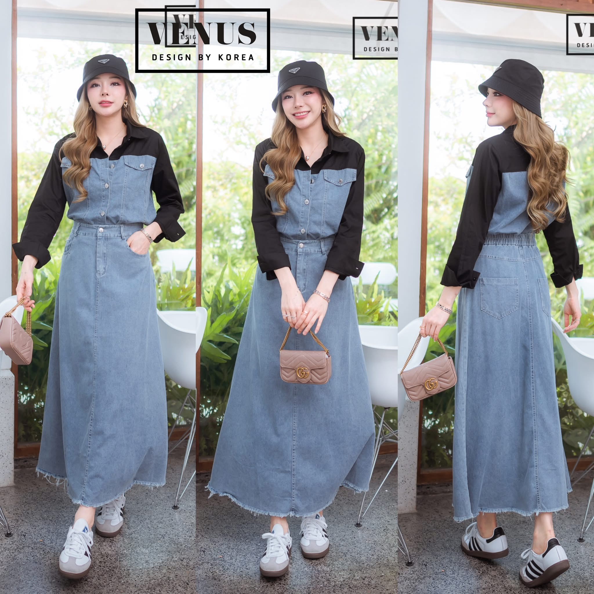 ชุดเซตผ้ายีนเนื้อดี ตัวเสื้อแต่งผ้าเชิ๊ต งานมาพร้อมกระโปรงเข้าชุดกัน ใส่สบาย : สินค้าคุณภาพ (พร้อมส่ง)