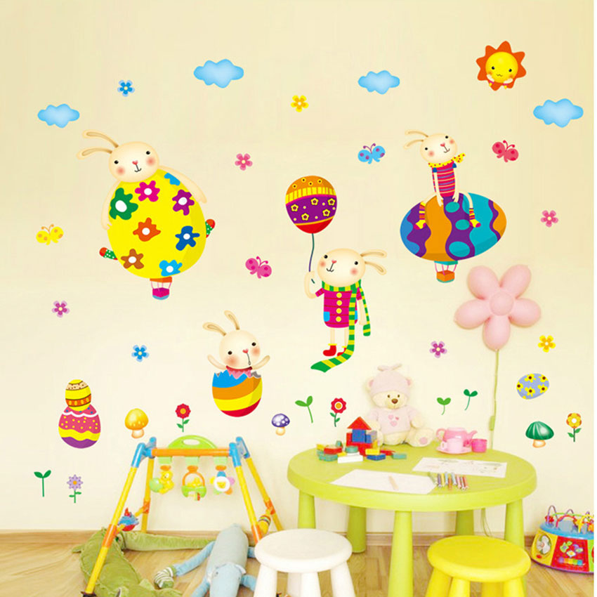 สติ๊กเกอร์แต่งห้อง DIY รูปกระต่ายขี่บอลลูน ลอกออกแล้วติดซ้ำได้