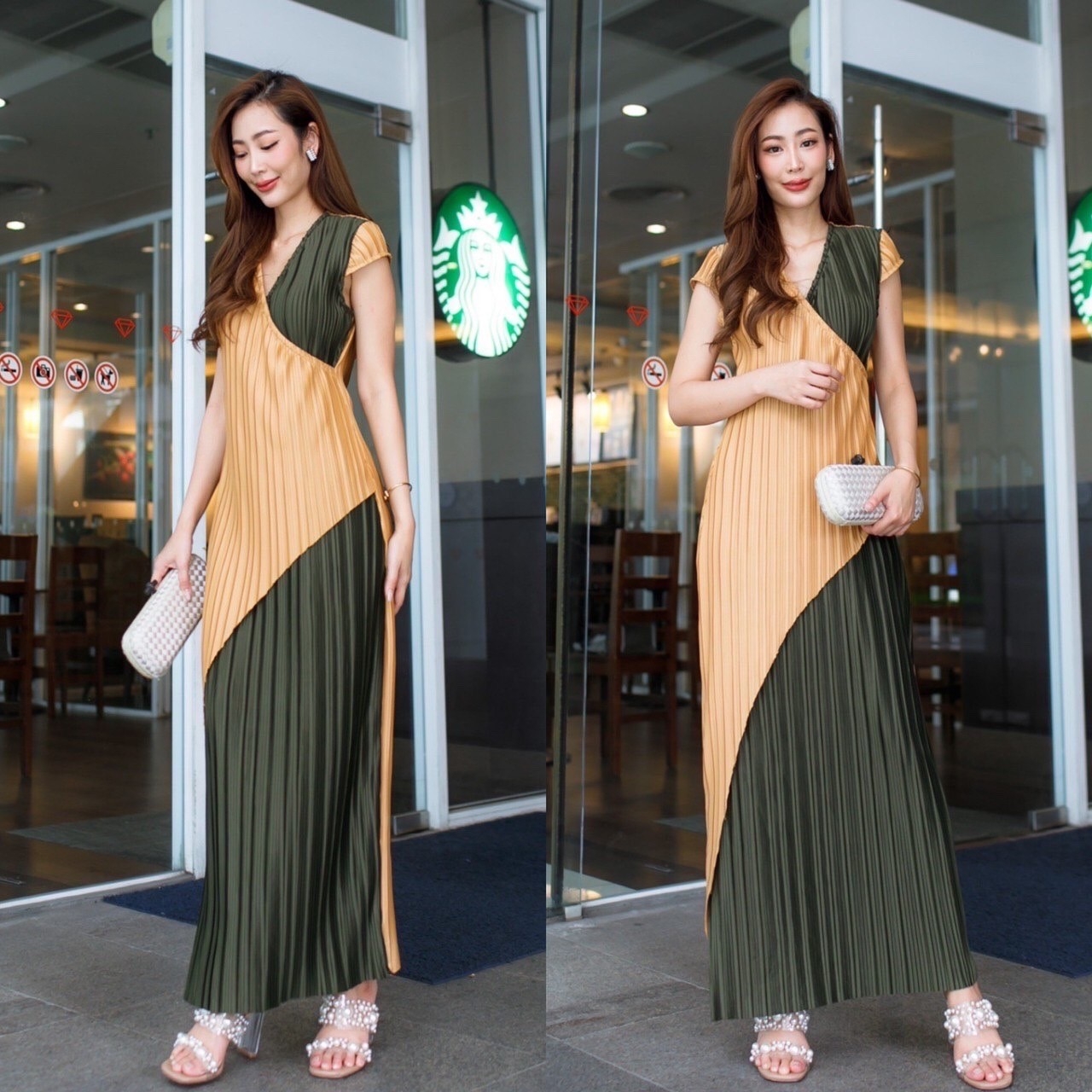 เดรสอัดพลีสแขนครอปตุ๊กตา ทรงคอวี ผ่าด้านข้างเล็กๆ สินค้าคุณภาพ (พร้อมส่ง)