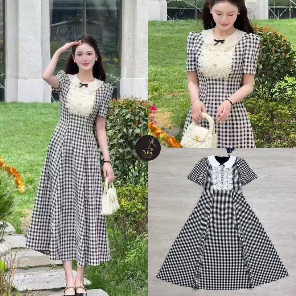 Maxi เดรสลายสก็อต แขนสั้น ดีเทลแต่งคอปกขาว แต่งปักลูกไม้และกระดุมหน้า มาพร้อมเข้มกลัดโบว์เล็ก ใส่สบาย : สินค้าคุณภาพ (พร้อมส่ง)