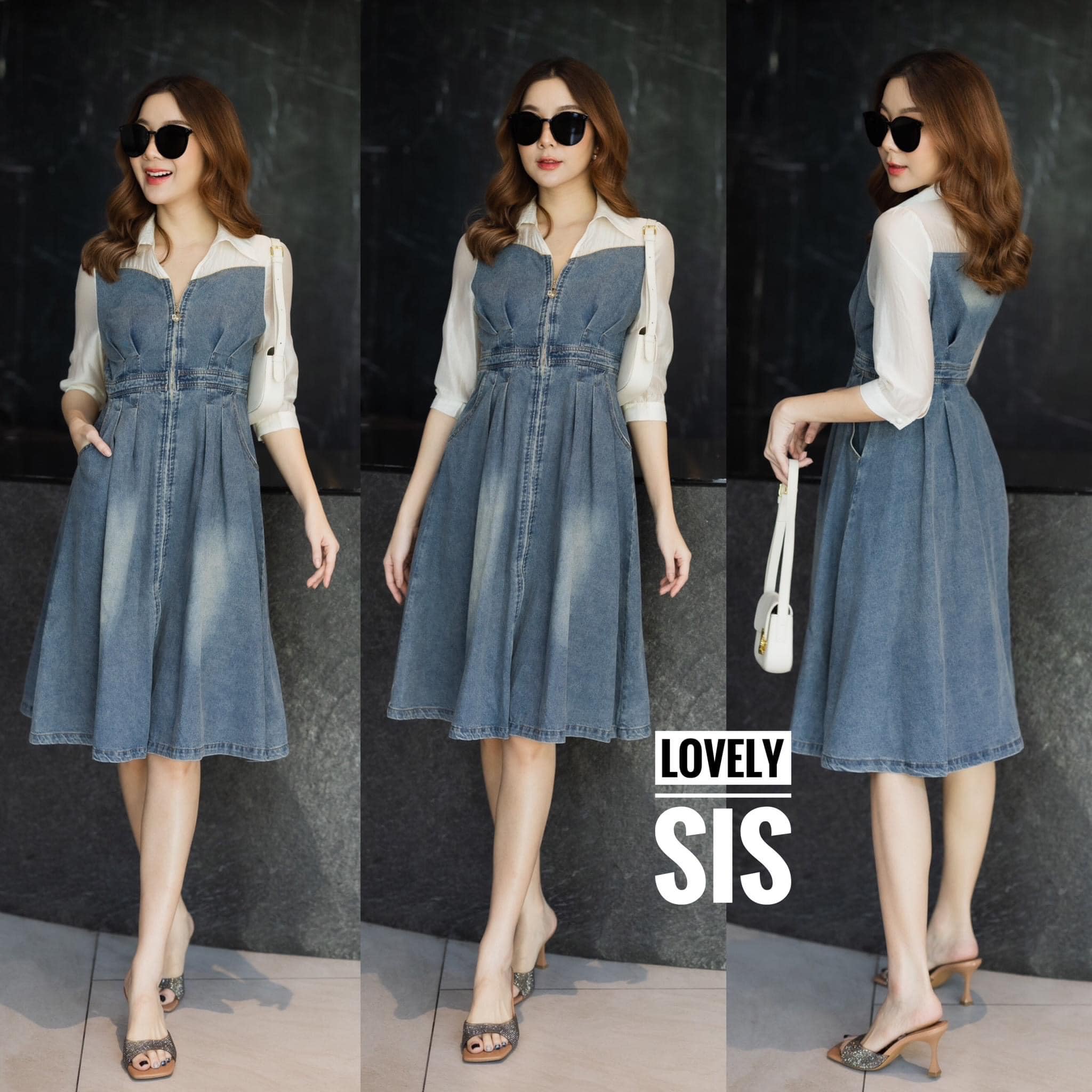 เดรสยีนส์ผ้าฟอกเนื้อนิ่ม ดีเทลเย็บต่อคอปกและแขนด้วย ผ้าเนื้อบางสีขาว งานรูดซิปด้านหน้า ตีเกร็ดช่วงเอว มีกระเป๋าสองข้าง สินค้าคุณภาพ (พร้อมส่ง)