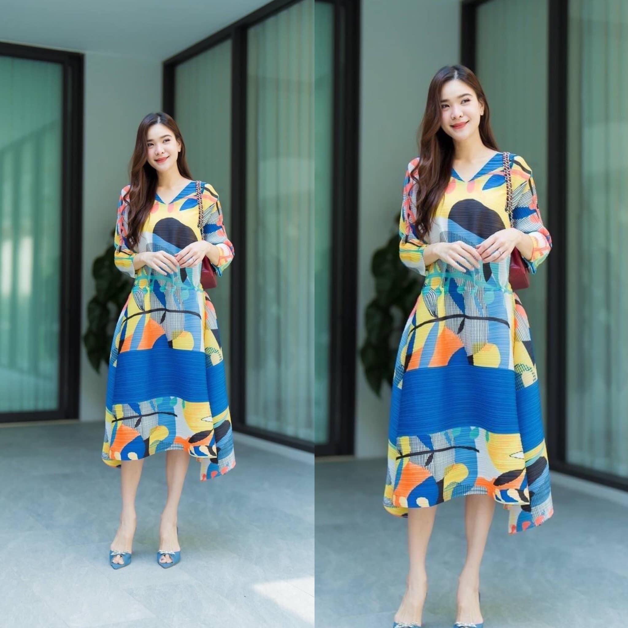 เดรสแขน 4 ส่วน🎗ทรงคอวี จับรูดช่วงเอว เกร๋กรุบ ชายกระโปรงเฉลียงปลาย สวยพริ้ว รุ่นนี้ งานเกรด AA Premium 👍🏼 สินค้าคุณภาพ (พร้อมส่ง)