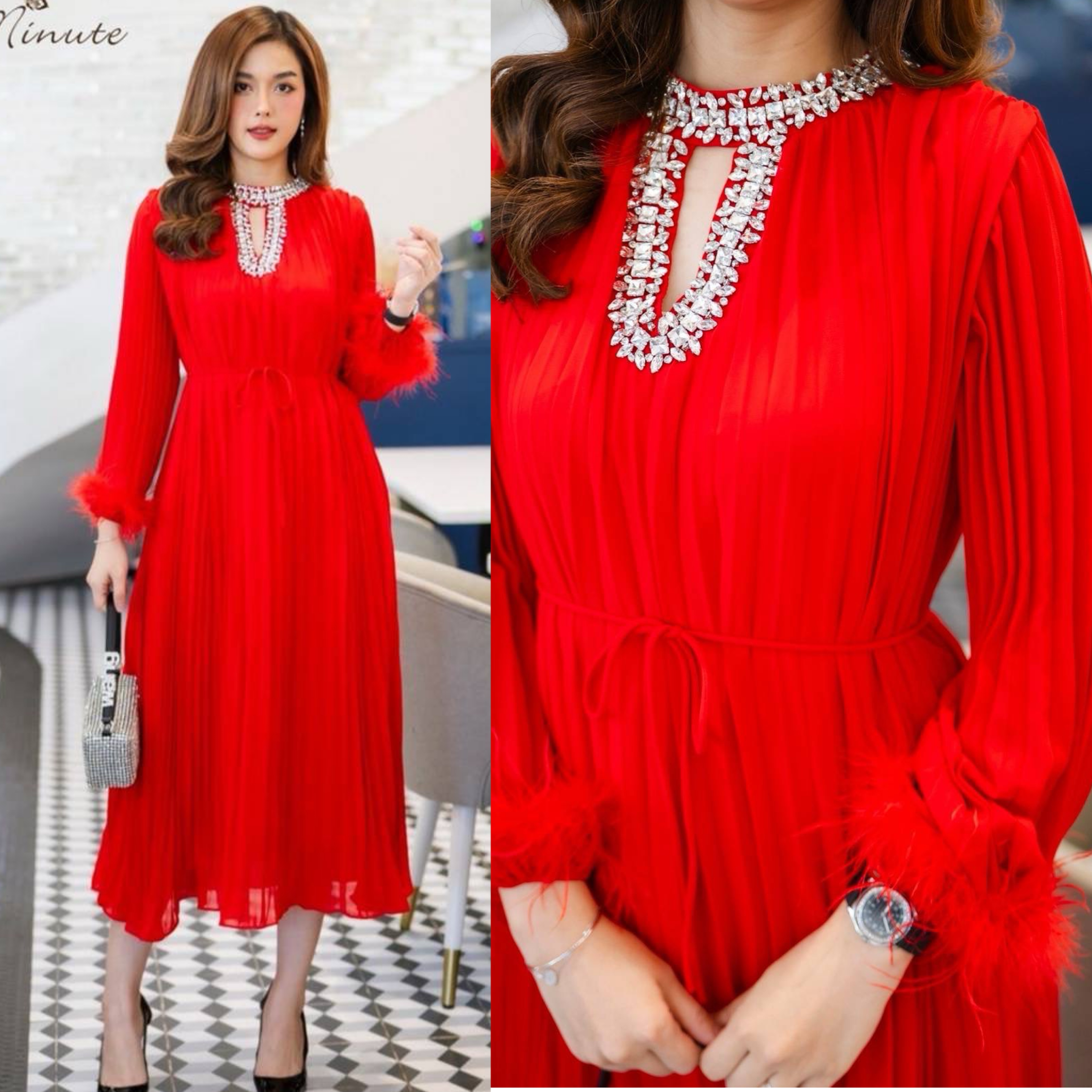 แม็กซี่เดรสผ้าชีฟองอัดพลีทคอประดับเพชรเม็ดใหญ่สุดอลังการ เพิ่มความเก๋ที่ปลายแขนด้วยขนนก มาพร้อมกับเชือกผูกเอว ชุดมีซับในทั้งตัว ใส่สบาย : สินค้าคุณภาพ (พร้อมส่ง)