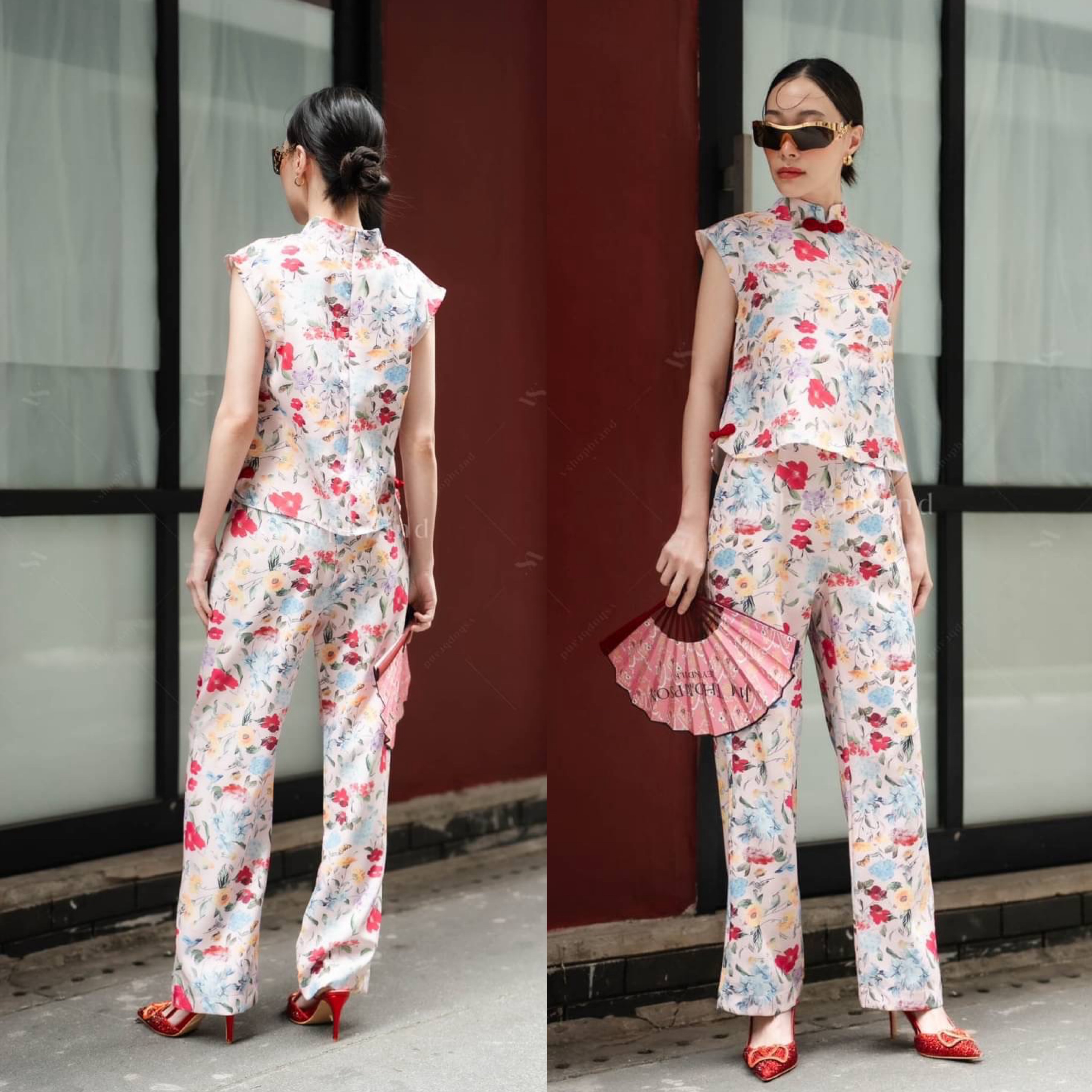 Set กี่เพ้า แขนกุดลายดอก + กางเกงขายาว ใส่สบาย : สินค้าคุณภาพ (พร้อมส่ง)