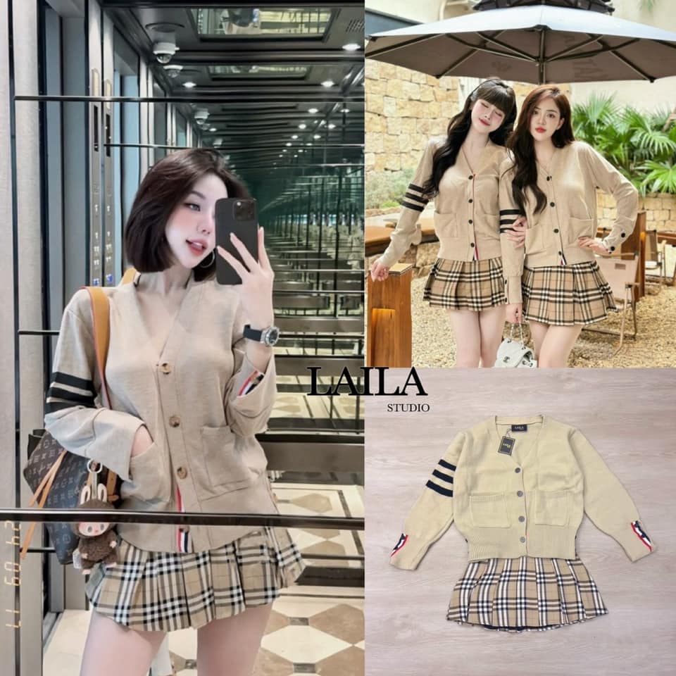 set เสื้อ+กระโปรง เสื้อแขนยาวงานผ้าไหมทอหนานุ่ม มาในโทนสีน้ำตาลอ่อน ตัวแขนแต่งแถบสีดำ มาพร้อมกระโปรงจีบรอบตัวงานลายแบรนBBสก็อตสีน้ำตาล ใส่สบาย : สินค้าคุณภาพ (พร้อมส่ง)