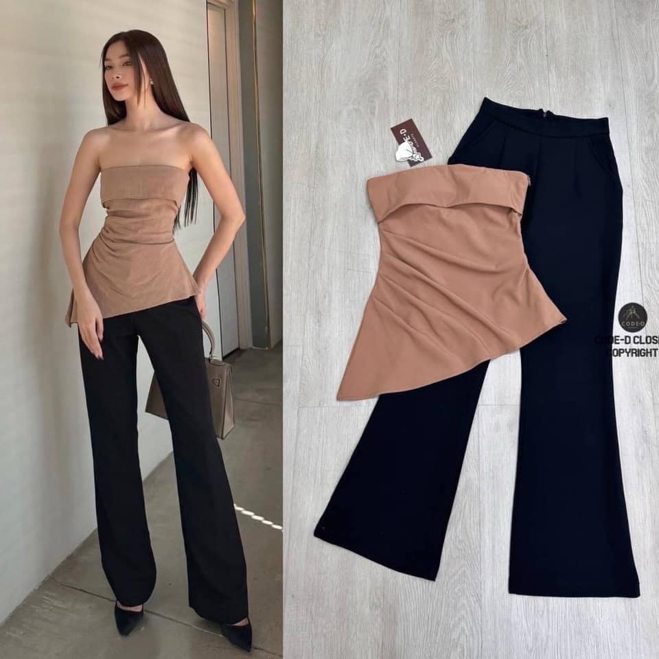 Set 2 ชิ้น เสื้อเกาะอกตัวยาวสีน้ำตาล ดีเทลชายเสื้อระบายเฉียง ทรงสวยเข้ารูป +กางเกงยาวปลายขาบาน ใส่สบาย สินค้าคุณภาพ (พร้อมส่ง)