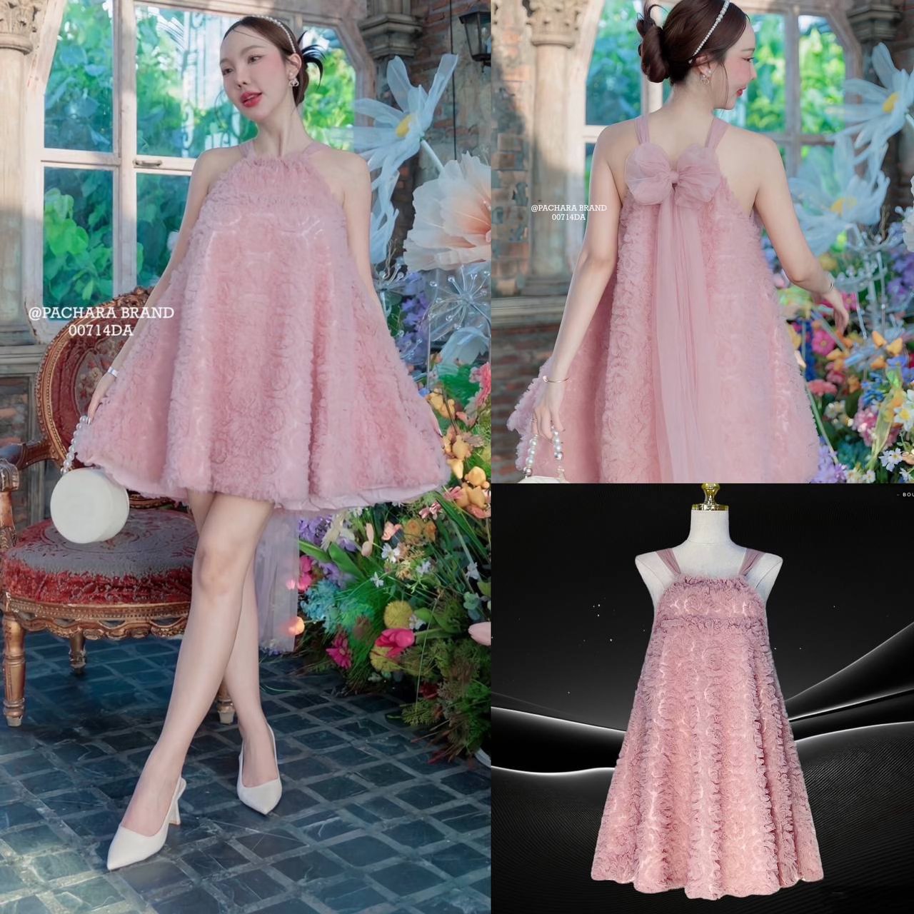 เดรสสั้นเว้าไหล่สีชมพูทรงปล่อย เนื้อผ้าชีฟองเย็บอย่างดี มีเท็กเจอร์สวยมาก แต่งสายคล้องกับโบว์ด้านหลัง สินค้าคุณภาพ (พร้อมส่ง)