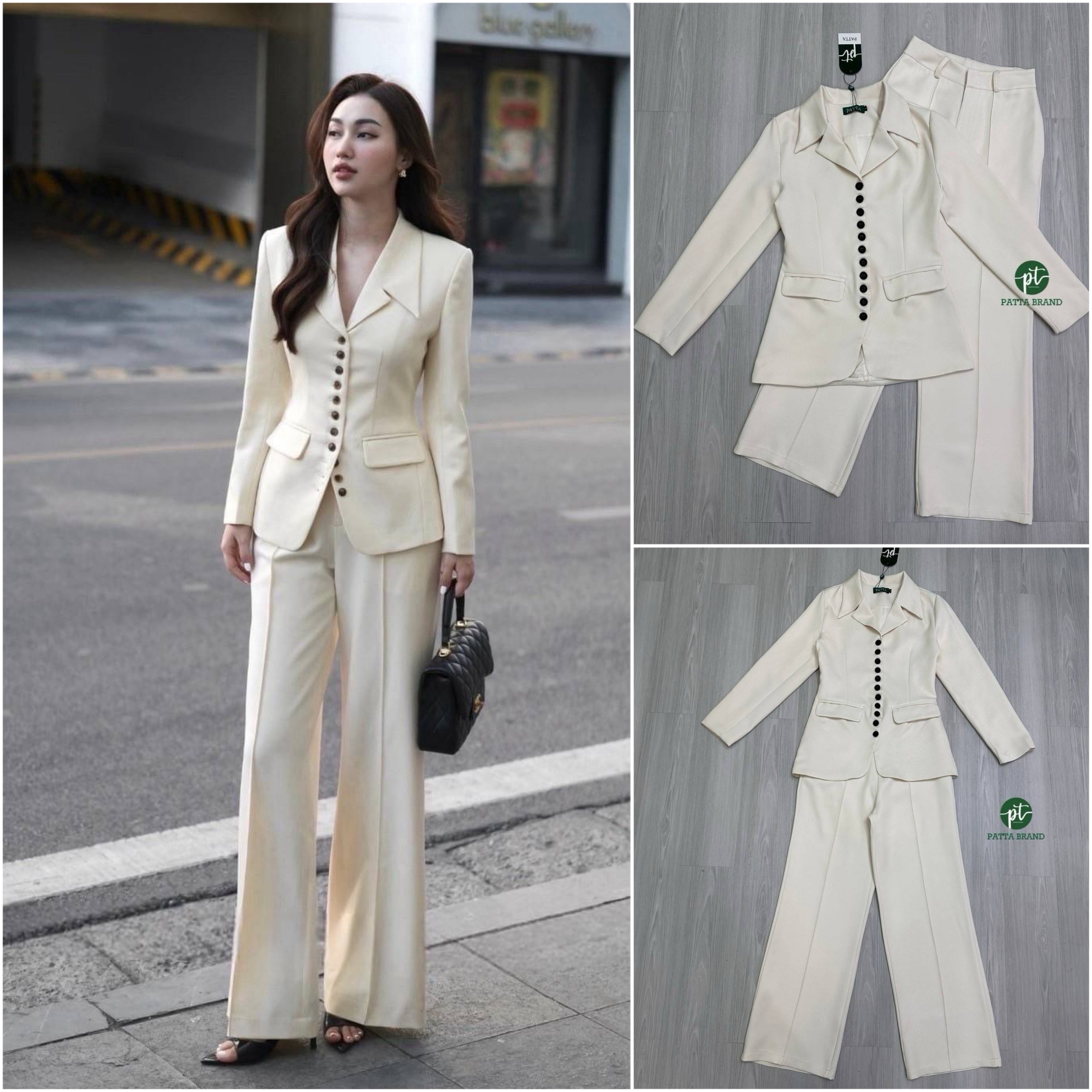 Set สูท2ชิ้นสีครีมดีเทลกระดุมหน้าสีดำเรียงยาวดีซน์เก๋ และมีกระเป๋าล้วงได้ คุ้มสุดๆ มาพร้อมกับกางเกงขายาวทรงกระบอกเล็ก ใส่สบาย : สินค้าคุณภาพ (พร้อมส่ง)