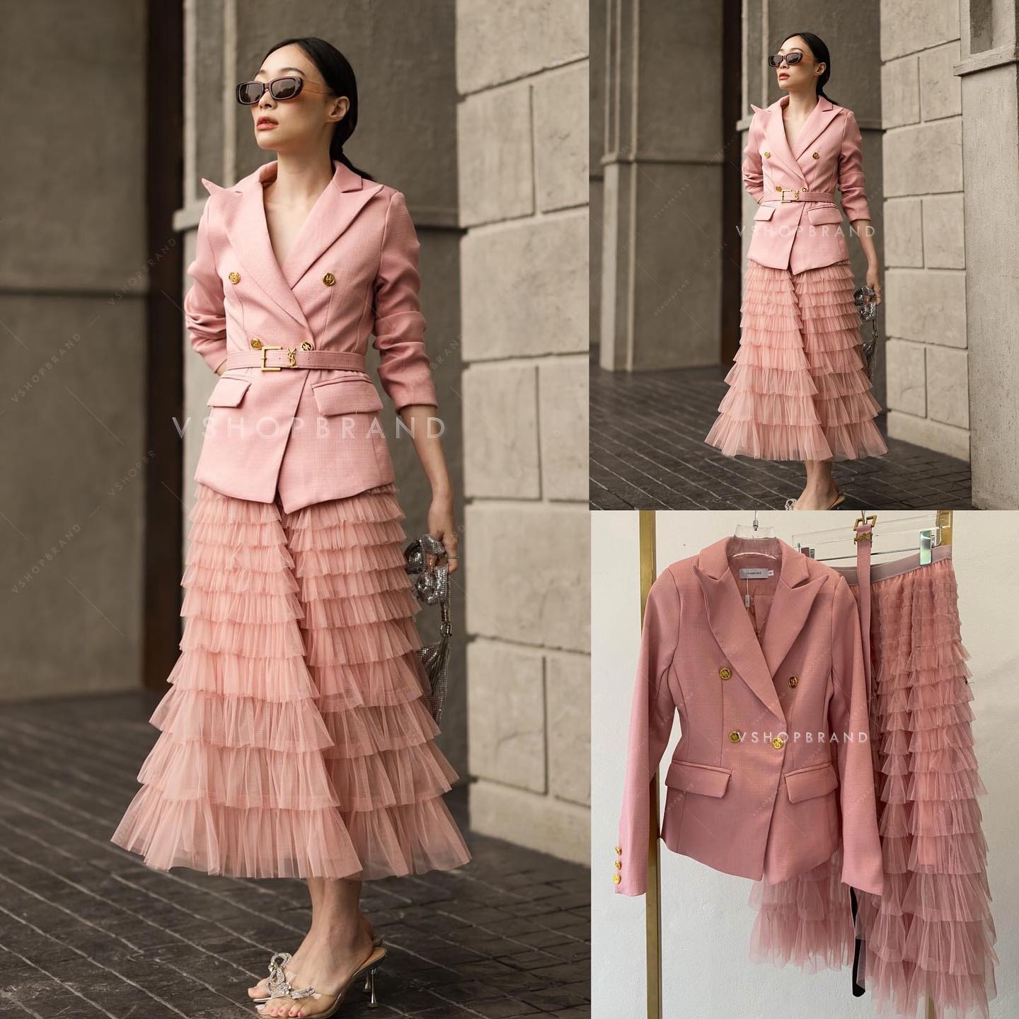 Set สูทแขนยาวกระดุมทอง ผ้าสูทเนื้อดี เย็บติดซับมาพร้อมเข็มขัด YS.L แมทช์คู่กับกระโปรงทรงระบาย หลายเลเยอร์ ขอบเอวสม็อค งานฟรุ้งฟริ้ง ใส่สบายๆ สินค้าคุณภาพ (พร้อมส่ง)