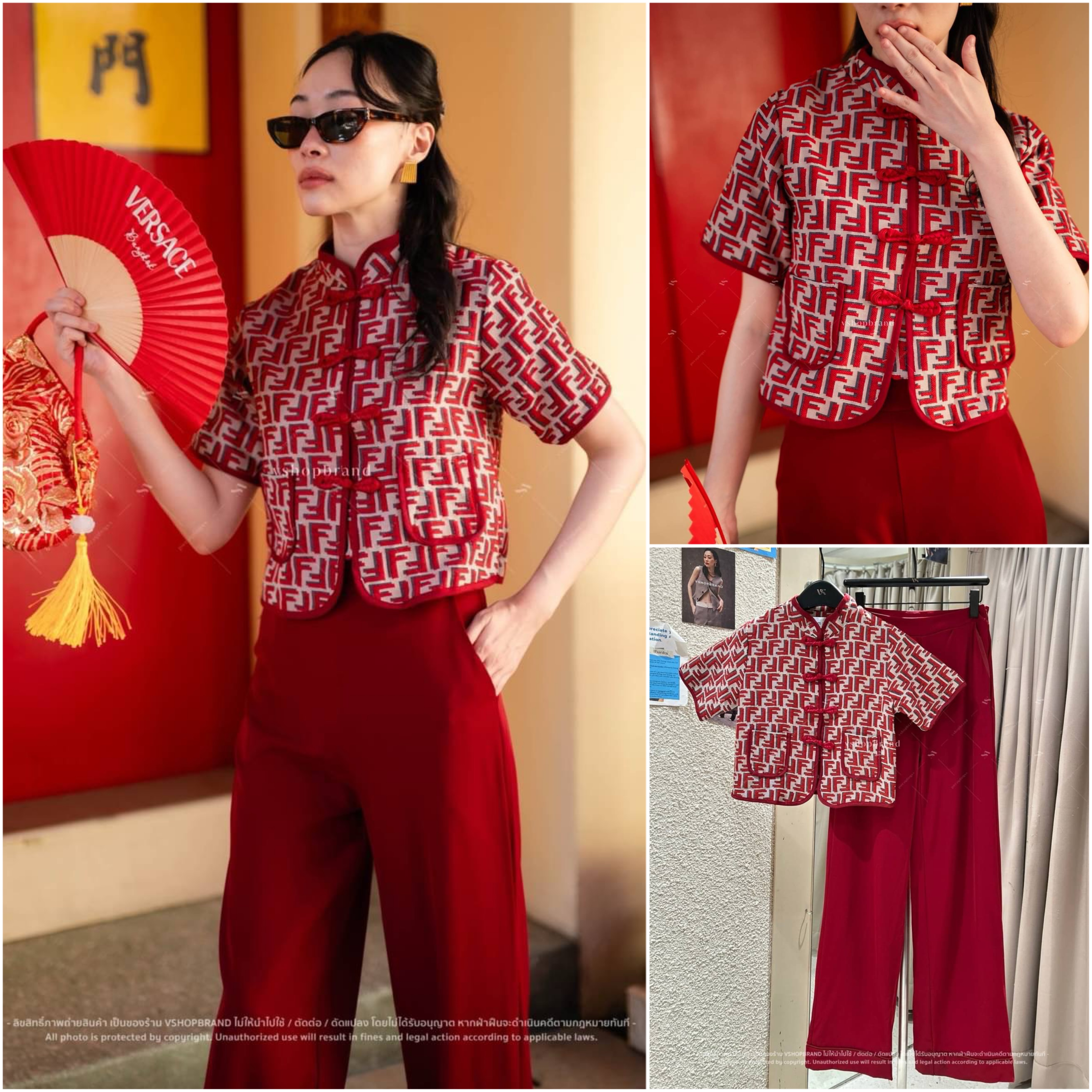 Set กี่เพ้าเสื้อแขนสั้นผ้าทอ Fen d i + กางเกงขายาวผ้าพื้น ใส่สบาย : สินค้าคุณภาพ (พร้อมส่ง)