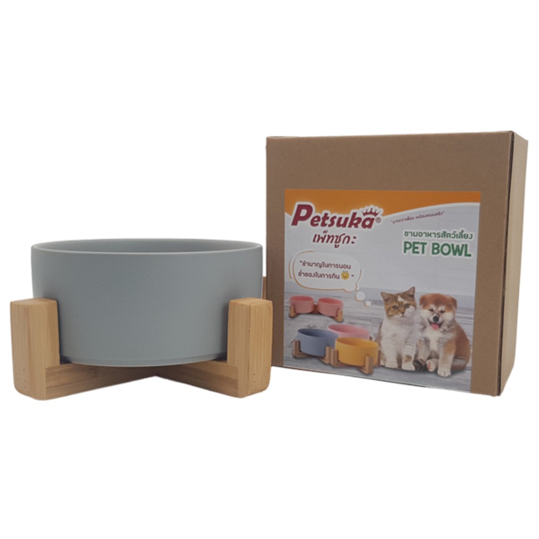 ชามเซรามิคสัตว์เลี้ยง Petsuka พร้อมฐานรองสไตล์ญี่ปุ่น สำหรับสุนัขและแมว สีเทา 850 ml