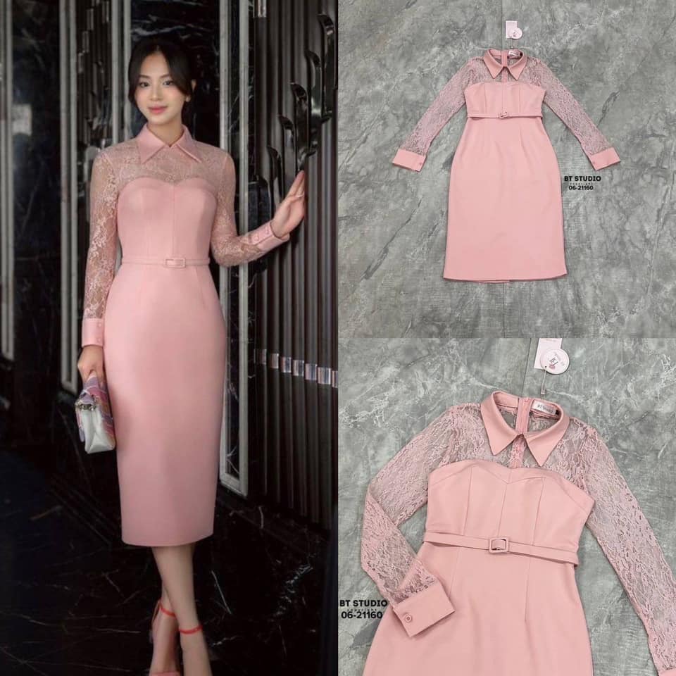 เดรสยาวดีไซส์ช่วงบนอกและแขนแต่งลายลูกไม้คอปกปลายแขนและลำตัวสีเรียบ มาพร้อมเข็มขัดเส้นเล็กสีเดียวกันกับตัวชุด ใส่สบาย : สินค้าคุณภาพ (พร้อมส่ง)