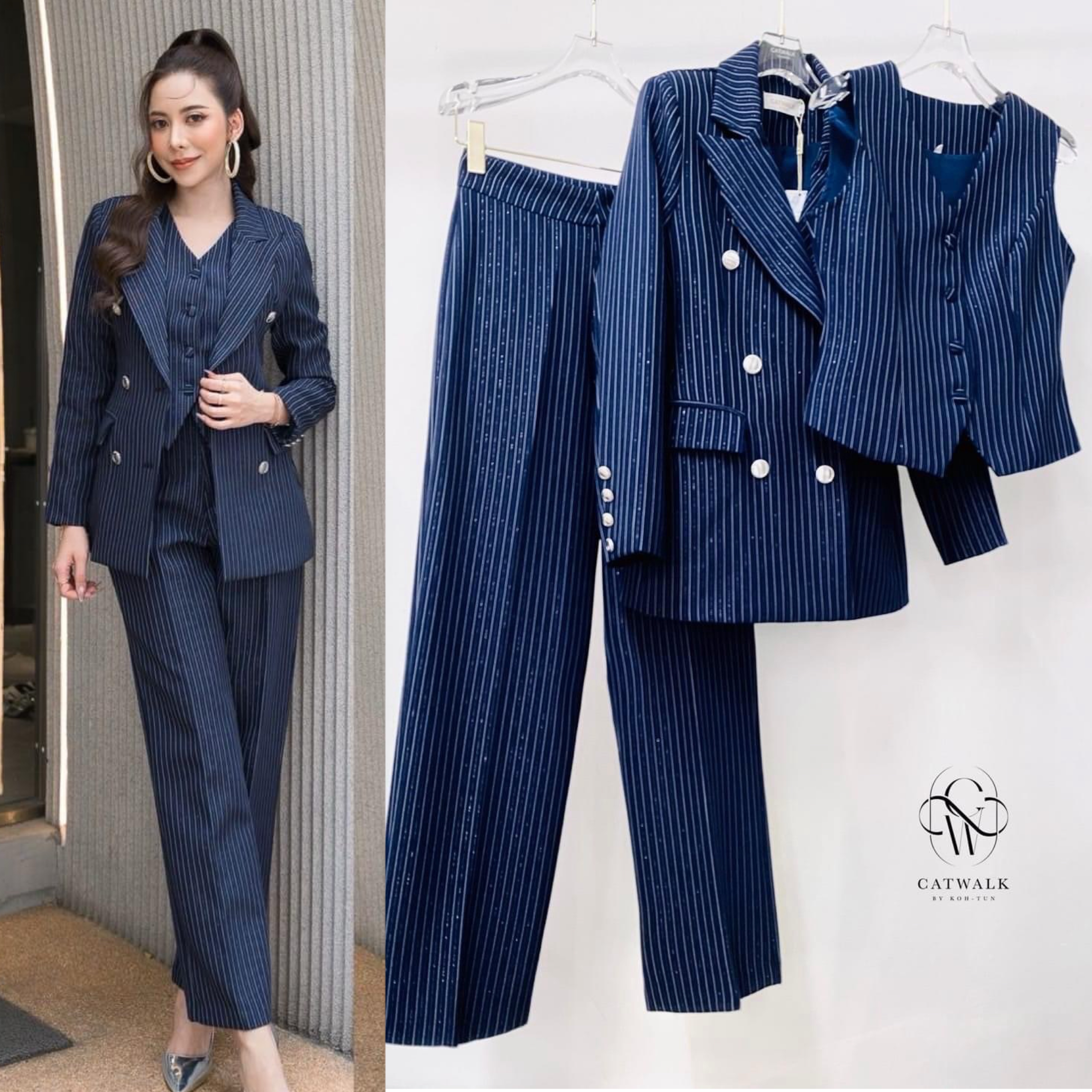 BLAZER 3 ชิ้น ตัว BLAZER เป็นทรงเข้ารูป+ เสื้อ Vest ทรงเข้ารูปคอวี + กางเกงทรงขากระบอกตรง เนื้อผ้าทอลายในตัว เกรด hiend เนื้อผ้าสวยมาก ใส่สบาย : สินค้าคุณภาพ (พร้อมส่ง)