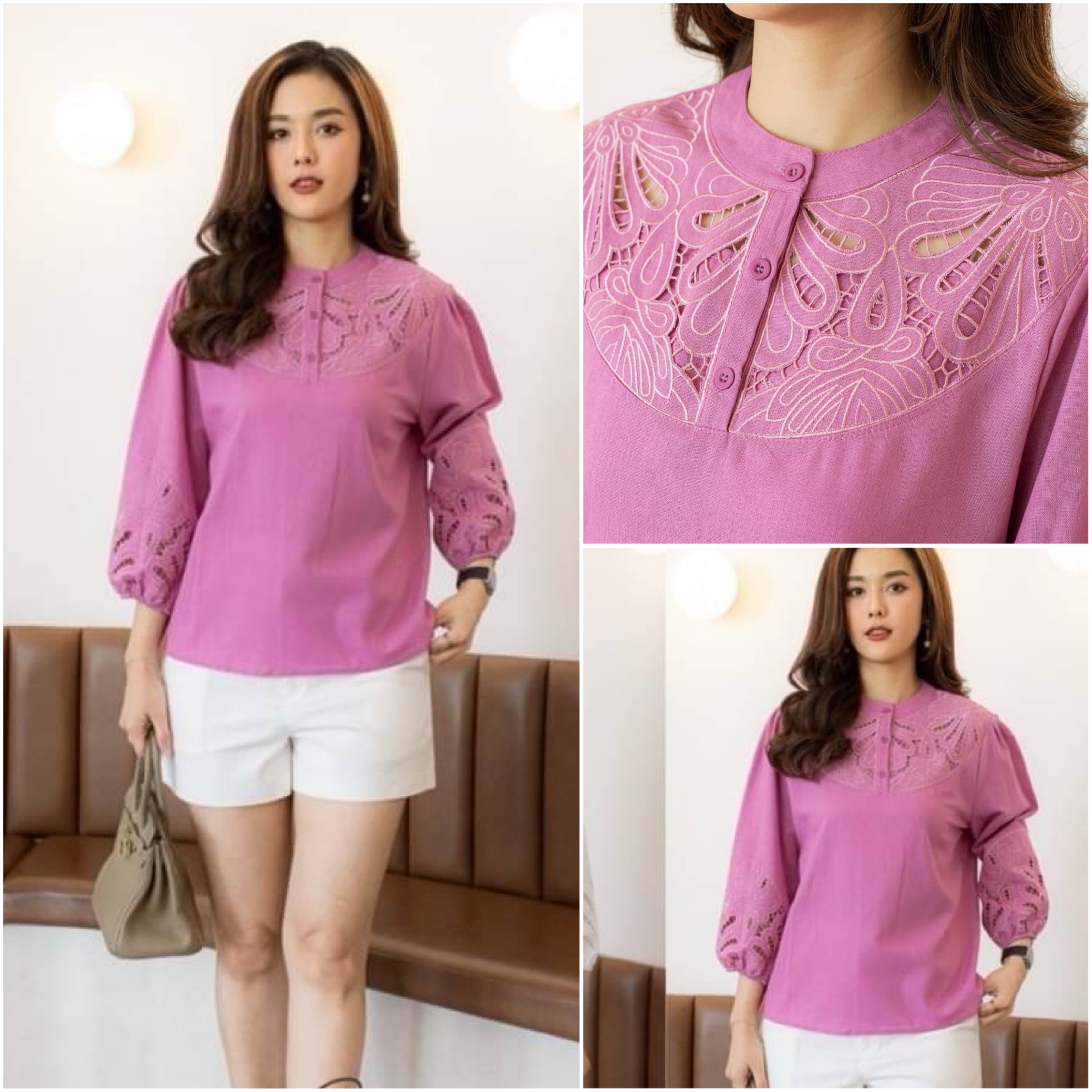 เสื้อลินิน ปักเจาะฉลุ ขอบแขนใส่ยางยืดยืด ได้เยอะค่ะ ใส่สบาย : สินค้าคุณภาพ (พร้อมส่ง)