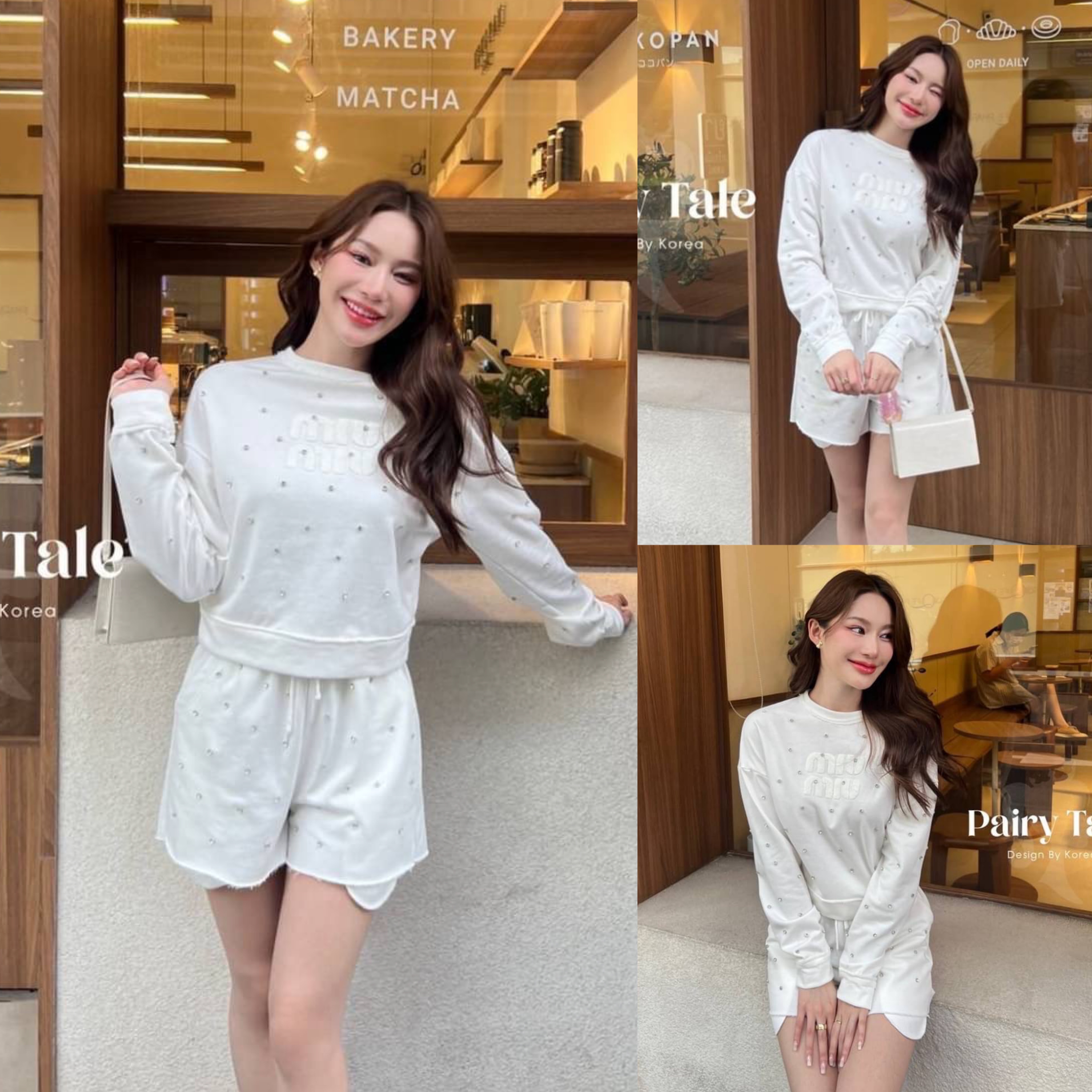 Set เสื้อหนาวแขนยาว แมตกางเกง ขาสั้น ผ้าวอมสีขาวติดเพชรทั้งชุด ติดแบรนด์ Miumiu ขนๆ งานสวยมาก สินค้าคุณภาพ (พร้อมส่ง)