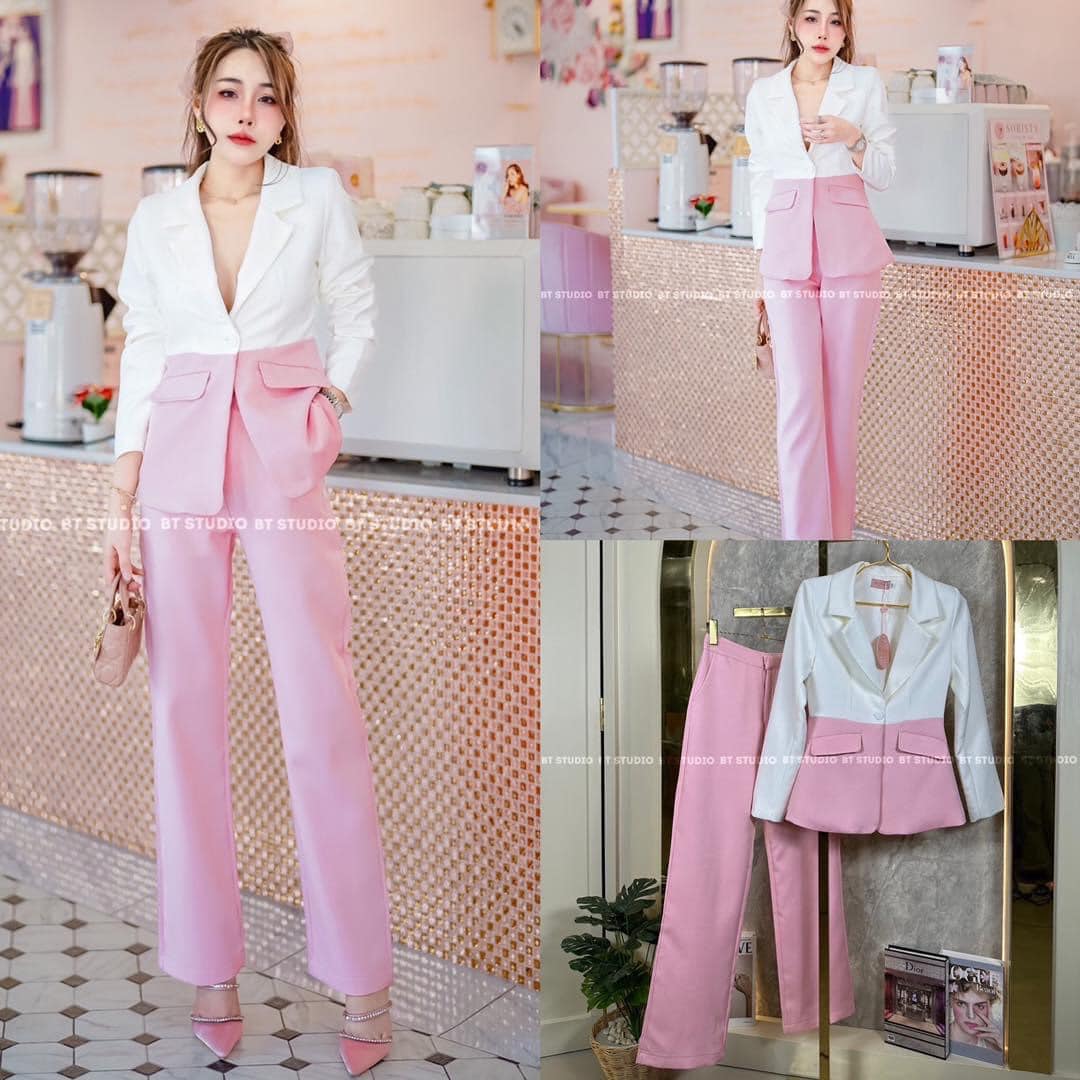 เซท 2 ชิ้น เสื้อเบเซอร์คอปกแขนยาว สีทูโทน ด้านบนสีขาวตัดด้วยสีชมพู สีฟ้า แต่ง กระดุมเม็ดเดียว แมทซ์กับกางเกงขายาวเอวสูง : สินค้าคุณภาพ (พร้อมส่ง)