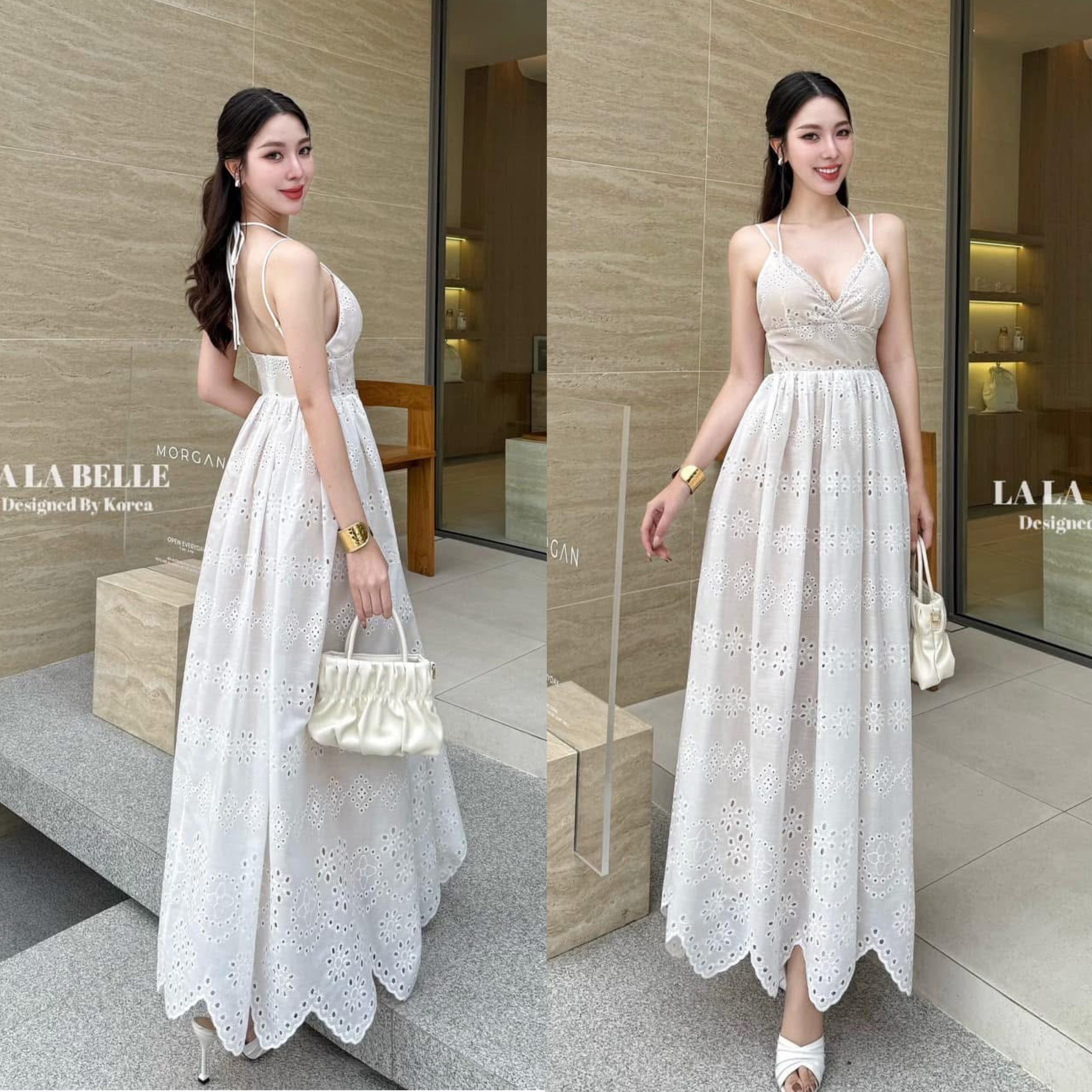 แม็กซี่เดรสผ้าลูกไม้ฉลุทั้งชุดสายเดี่ยวอกหัวใจเสริมฟองน้ำเดินขอบอกด้วยลูกไม้ซีทูมีสายคล้องคอผูกโบว์เอวเข้ารูปกระโปรงยาวมีซับใน ใส่สบาย : สินค้าคุณภาพ (พร้อมส่ง)