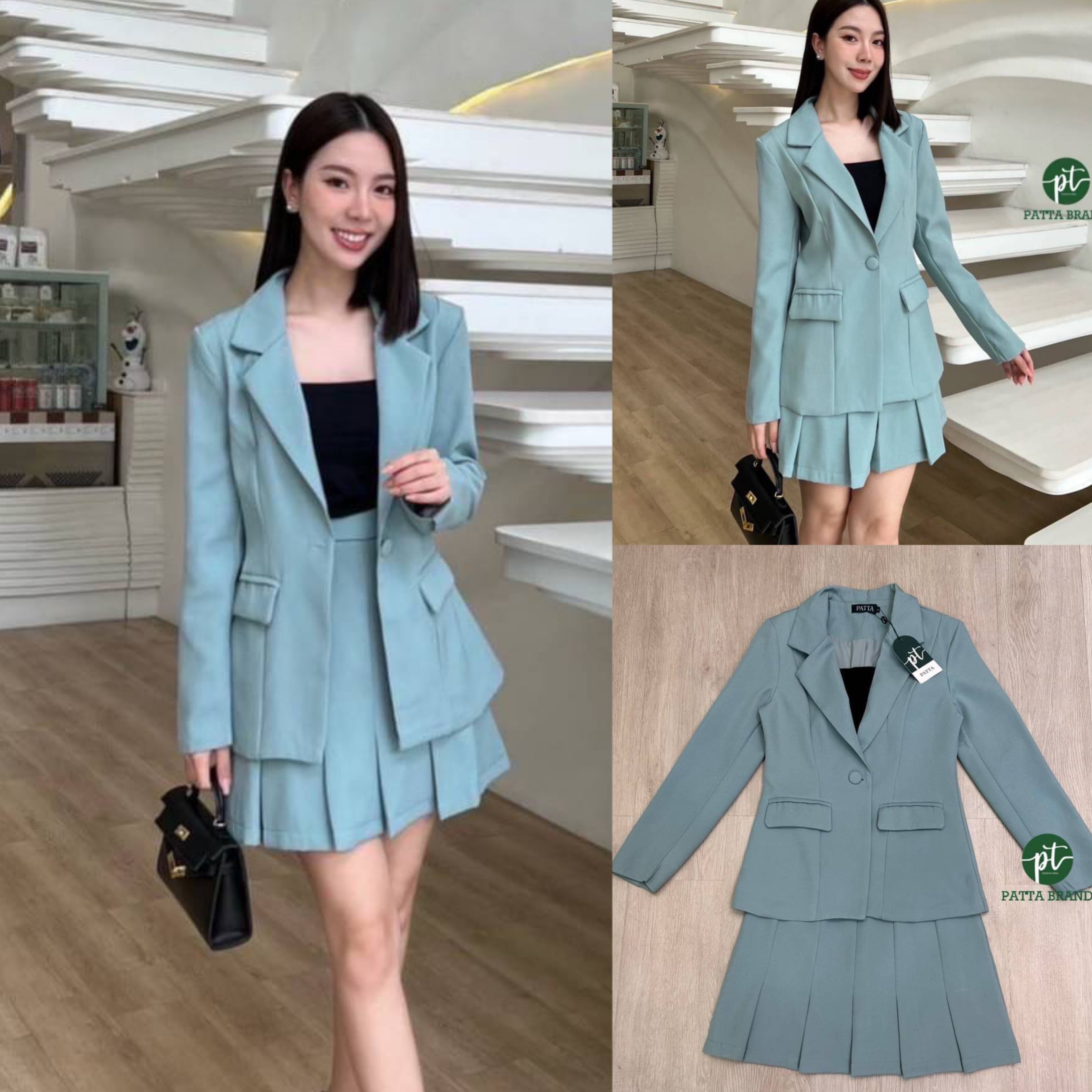 Setสูท 2 ชิ้น เสื้อคลุมสูทแขนยาว +เสื้อสายเดี่ยวสีดำตัวในผ้ายืดอกเย็บเสริมฟองน้ำ มาคู่เซตกับกระโปรงเย็บจีบรอบ งานซิปหลัง(ด้านในซับในเป็นกางเกง) สินค้าคุณภาพ (พร้อมส่ง)