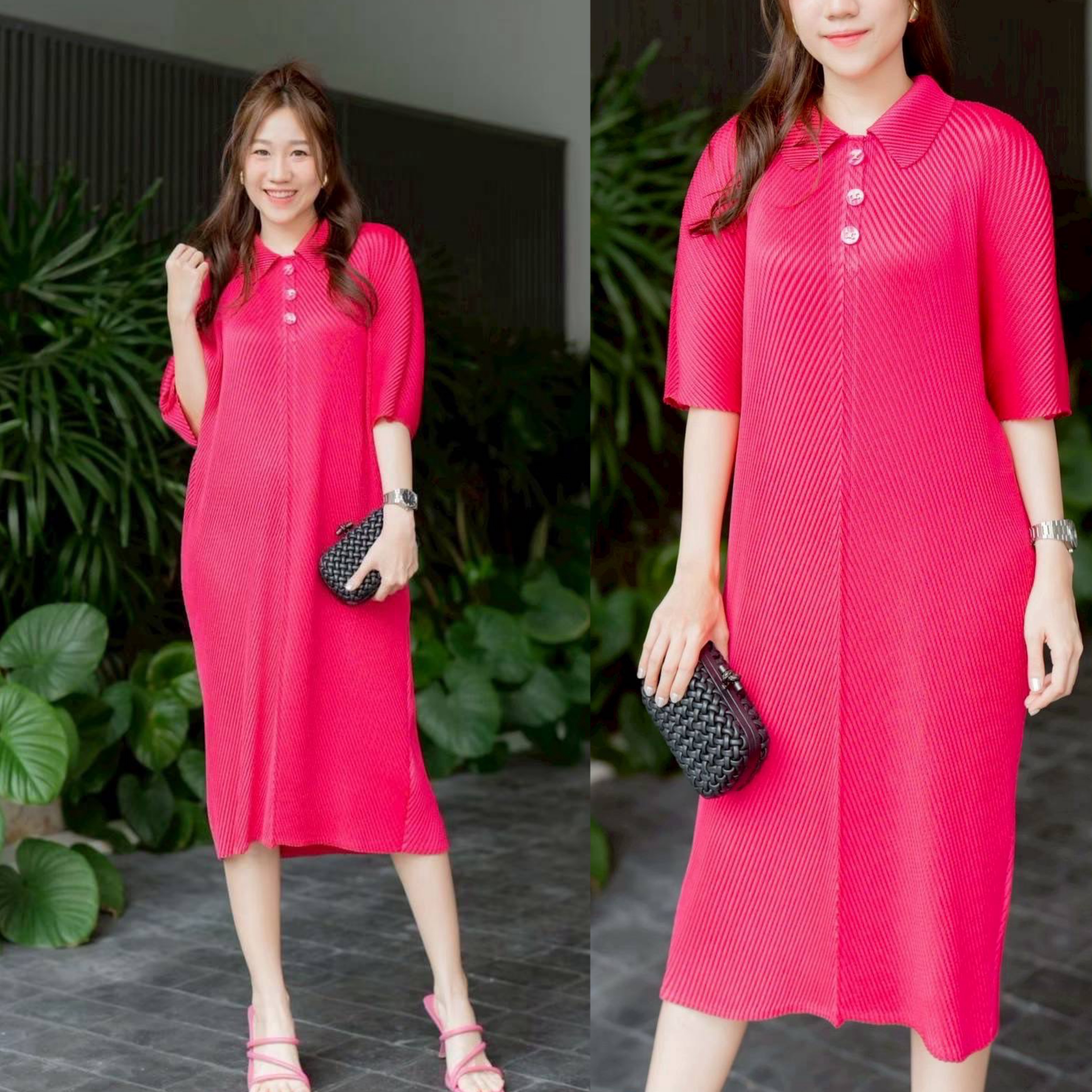 เดรสพลีท คอปก ทรงแขน 4 ส่วน แต่งกระดุมสีทองช่วงคอปก เพิ่มความ แกรม ⚜️⚜️ความยาวกำลังดี อัดพลีทลายเกลียวเชือก 🥨 ใส่สบาย : สินค้าคุณภาพ (พร้อมส่ง)