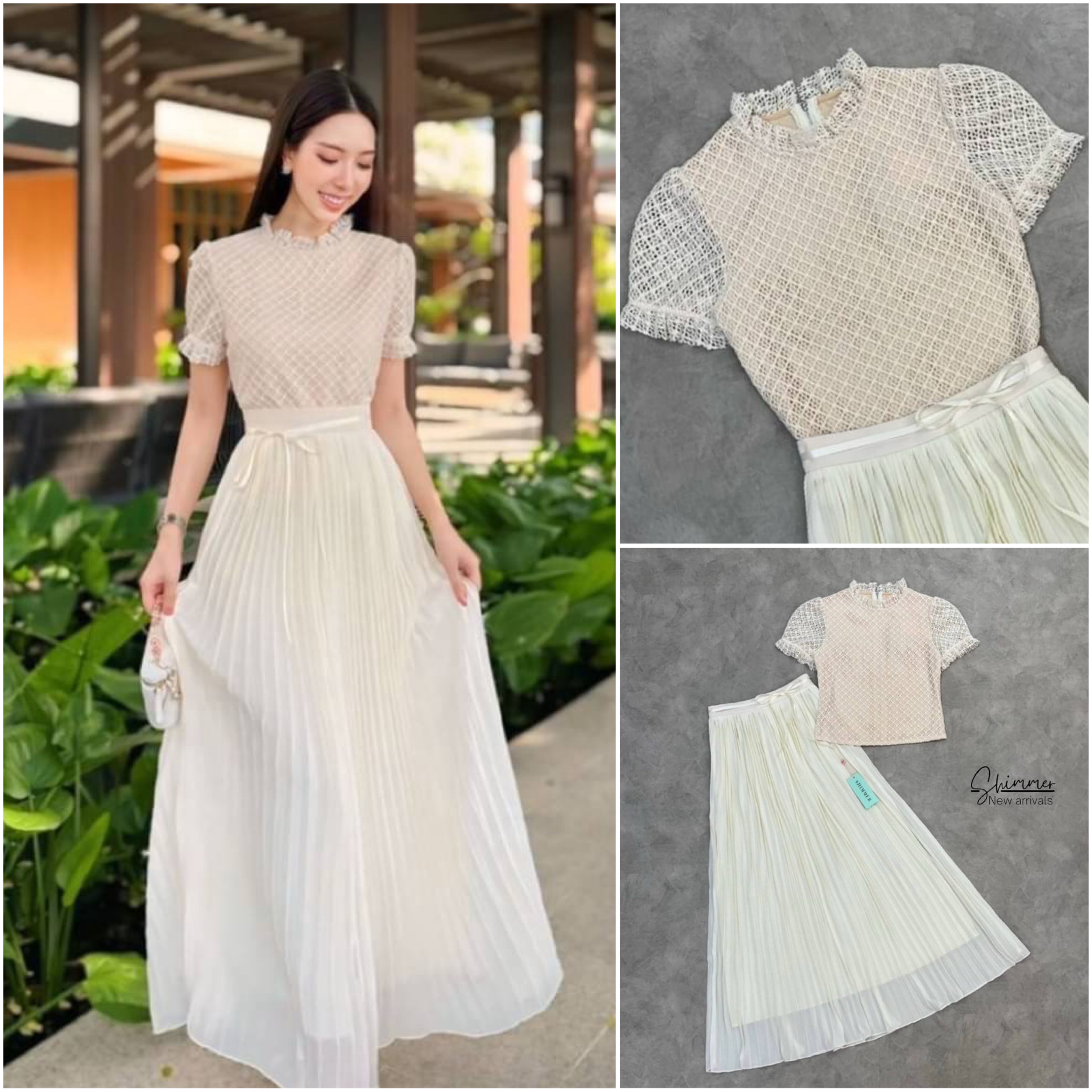 เซตเสื้อลูกไม้มาคู่กับ กระโปรงชิฟฟอนอัดพลีทให้ลุคสวย หวานสุดน่ารัก ใส่สบาย : สินค้าคุณภาพ (พร้อมส่ง)