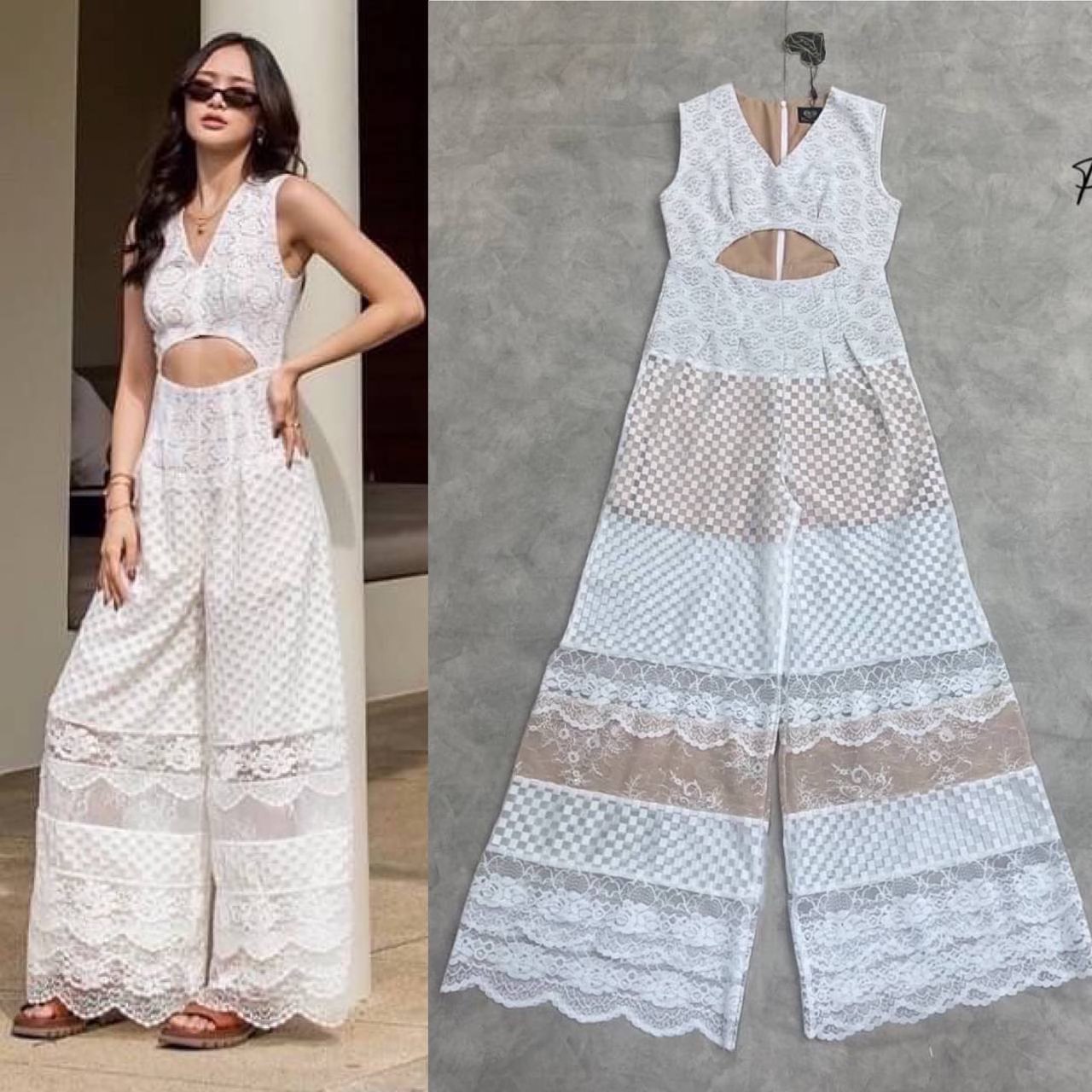 จั้มสูทขายาวแขนกุดงานฉลุลูกไม้สีขาว เว้าเอวตามหากันเยอะมากๆ ใส่สบาย สินค้าคุณภาพ (พร้อมส่ง)