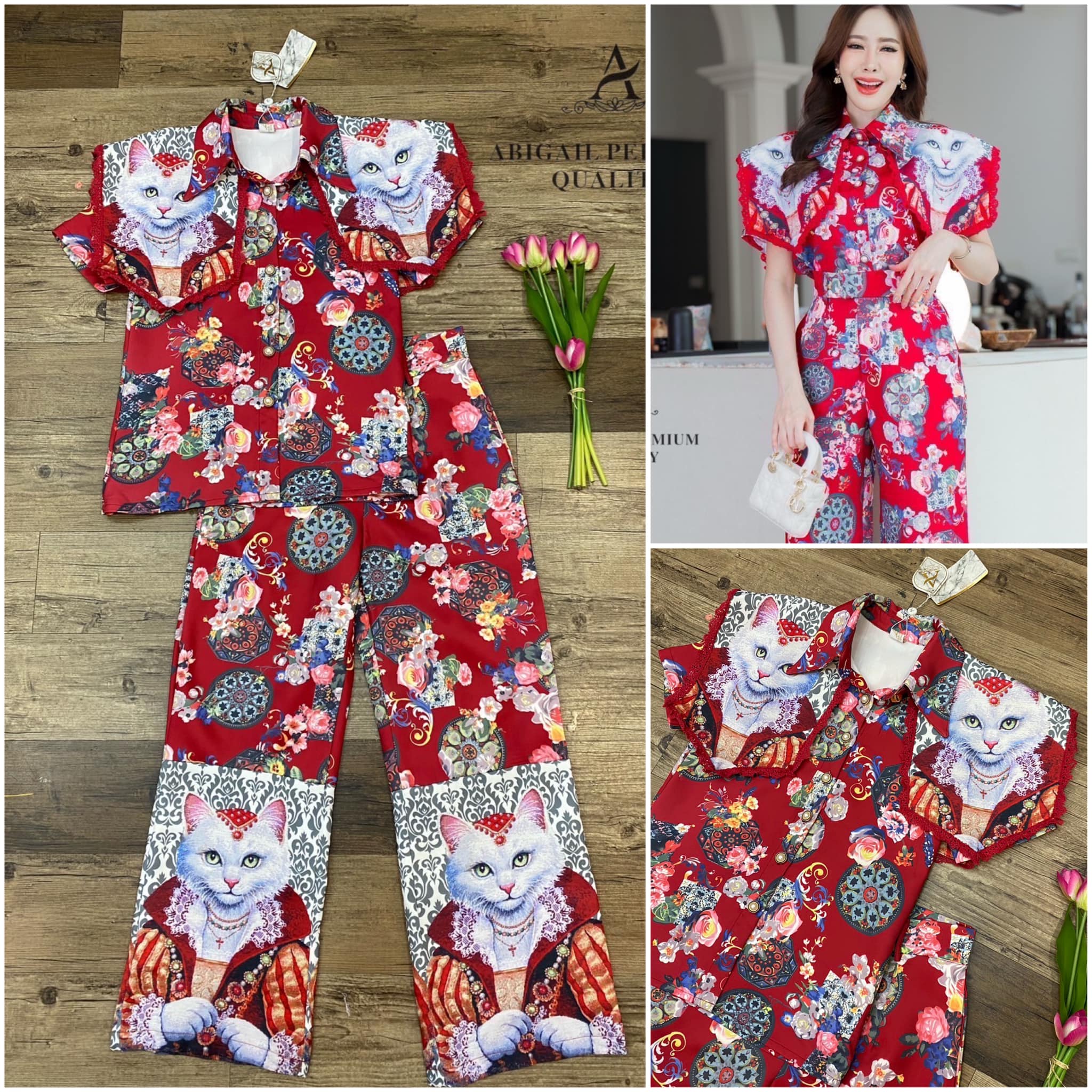 ชุดเซตน้องแมวรวย เสื้อคอปกแต่งระบายบ่า กางเกงขายาวทรงปล่อย มีซับในทั้งตัว สินค้าคุณภาพ (พร้อมส่ง)
