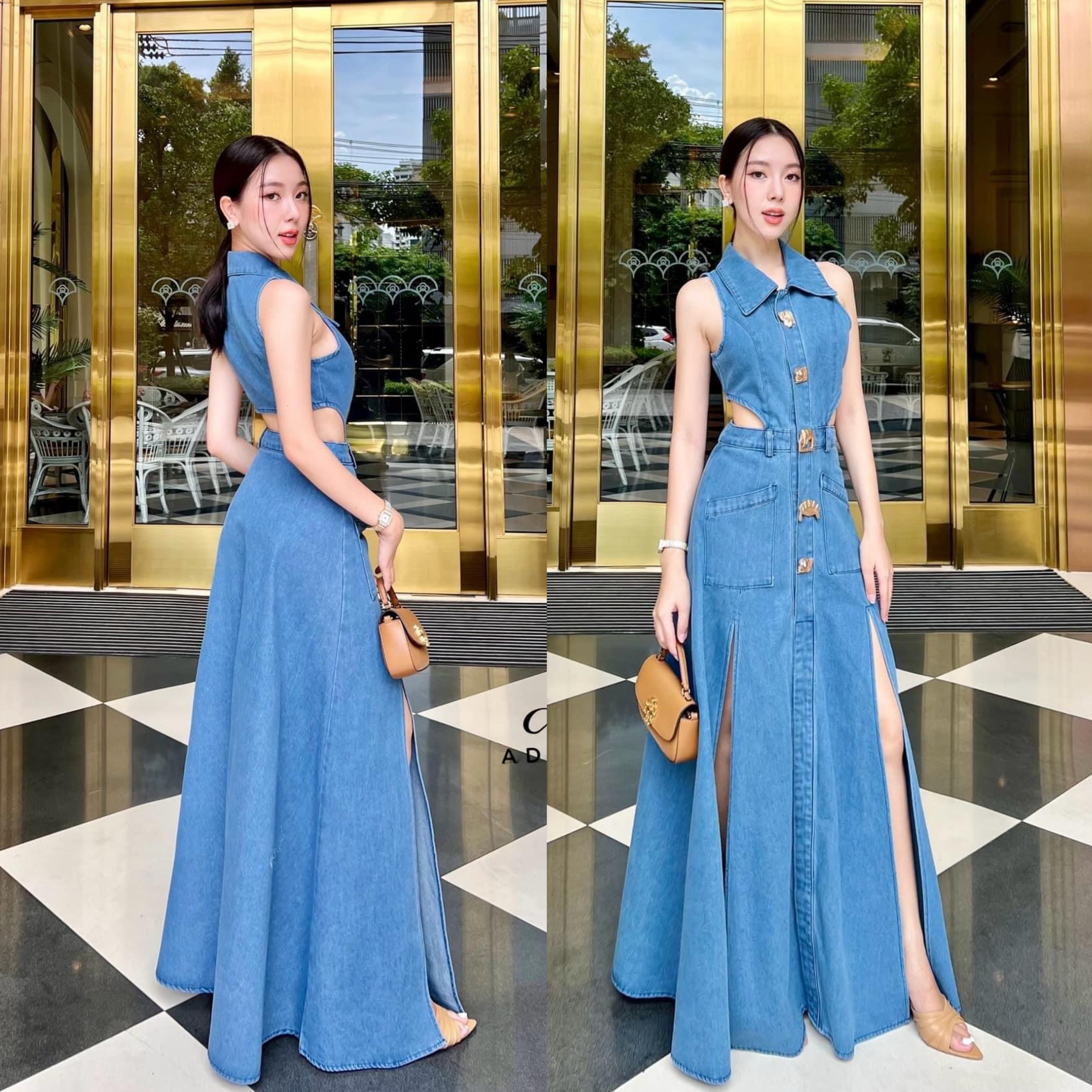 เดรสยาวเนื้อผ้ายีนส์ ดีไซน์คอปกเว้าเอวสองข้าง ช่วง กระโปรงผ่าหน้า เพิ่มความเก๋ ด้วยอะไหล่กระดุม โลหะ ใส่สบาย : สินค้าคุณภาพ (พร้อมส่ง)