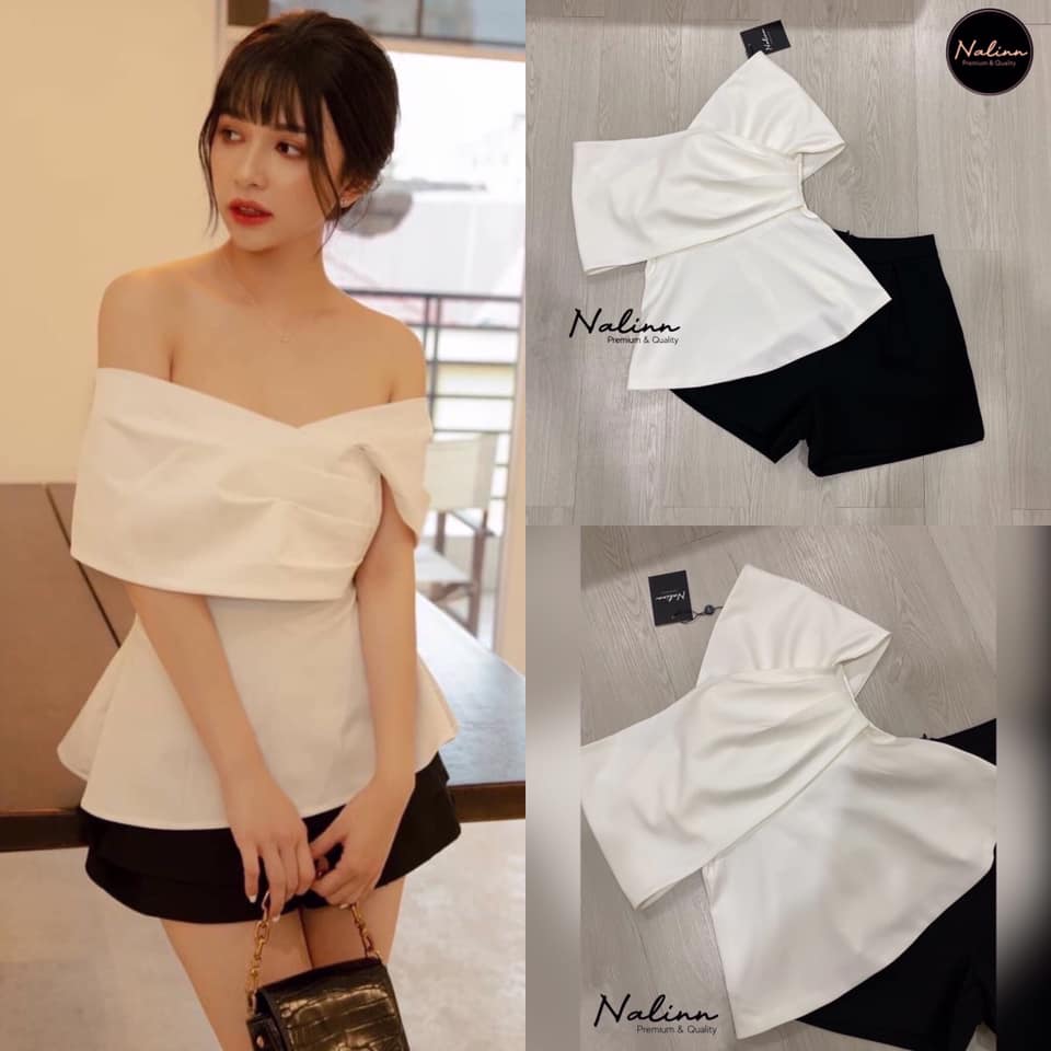 SET เสื้อปาดไหล่สีขาว+กางเกงขาสั้นสีดำ ตัวเสื้อเอวเข้ารูป ไหล่ปาดไขว้ เนื้อผ้าดีมากก ซิบหลัง ซับทั้งตัว สินค้าคุณภาพ (พร้อมส่ง)