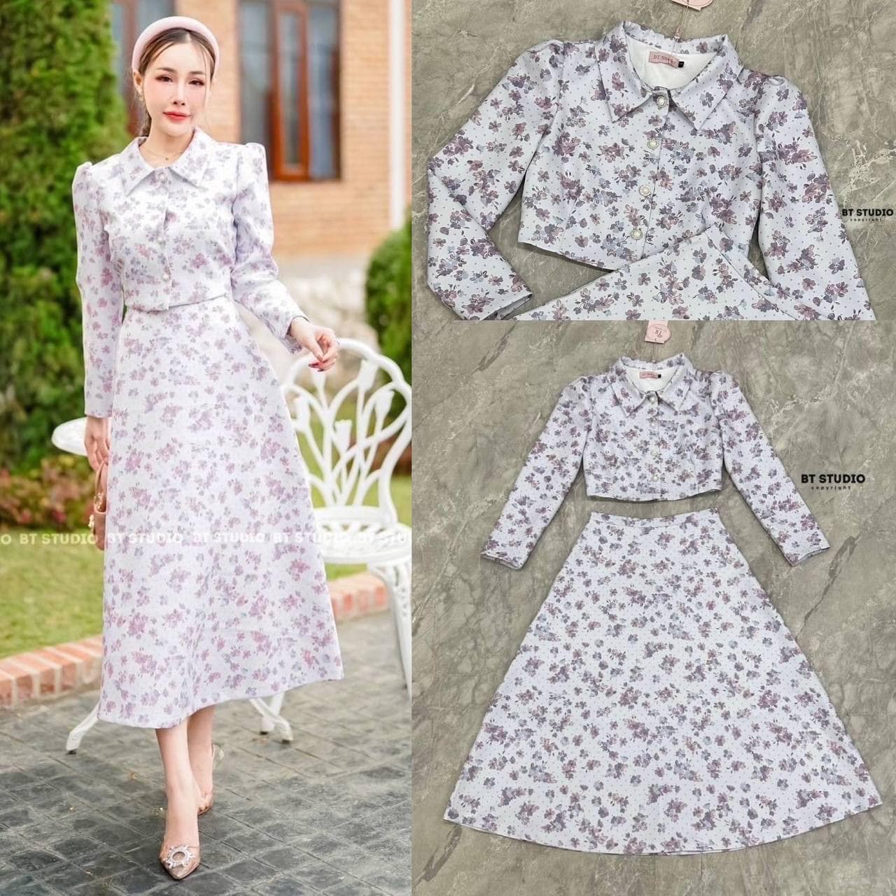 เซท 2 ชิ้น เสื้อแขนยาวคอปกกระดุมหน้ากระดุมมุก แมทซ์กับกระโปรงบานออก งานพิมพ์ลายดอกไม้ มีซับใน เนื้อผ้าดี คัตติ๊งเป๊ะ ใส่สบาย : สินค้าคุณภาพ (พร้อมส่ง)