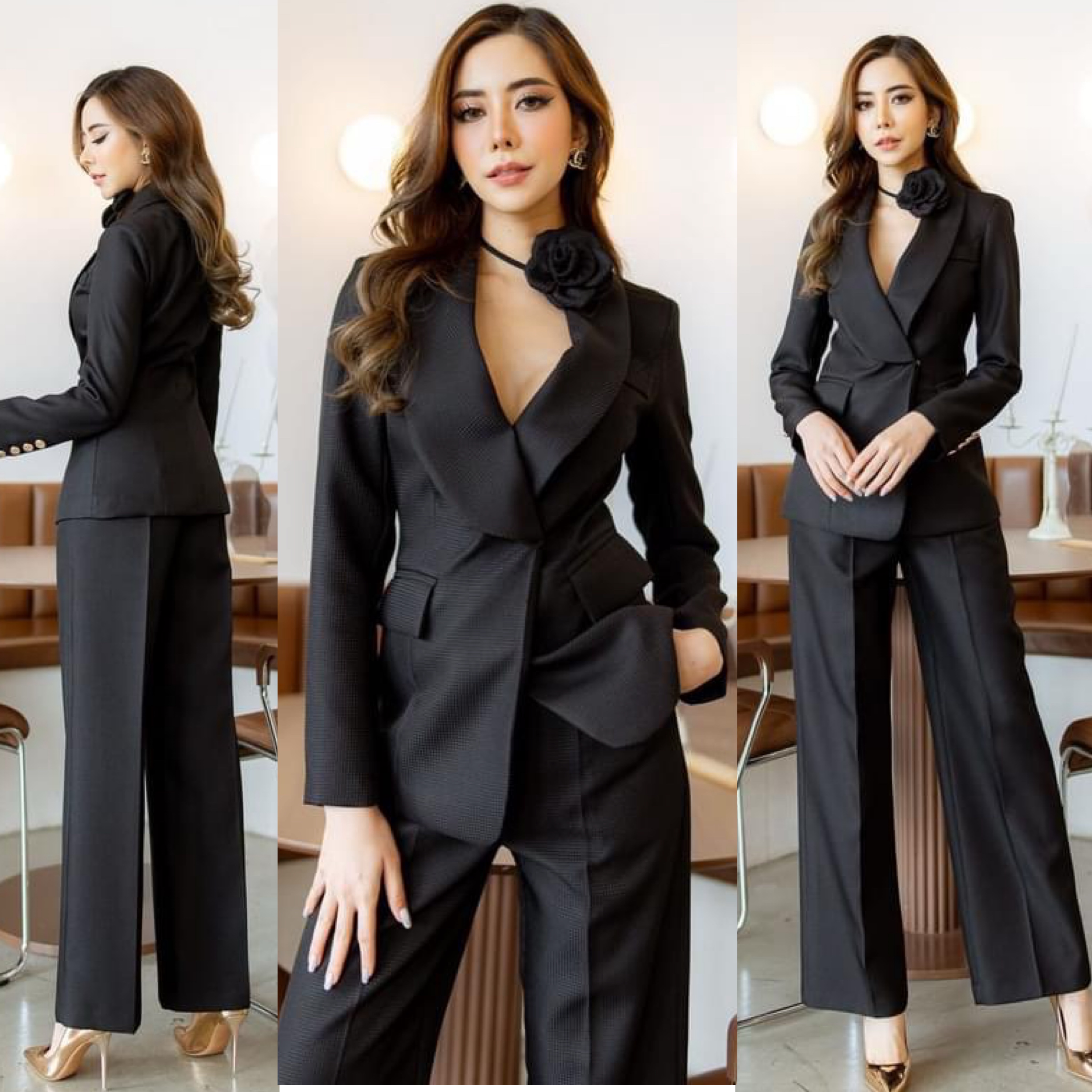 เซตBLAZERปกกล้วย+กางเกงขายาว+เข็มกลัดดอกไม้ เนื้อผ้าเกรดเอ เป็นผ้าทอมีลายในตัว สินค้าคุณภาพ (พร้อมส่ง)