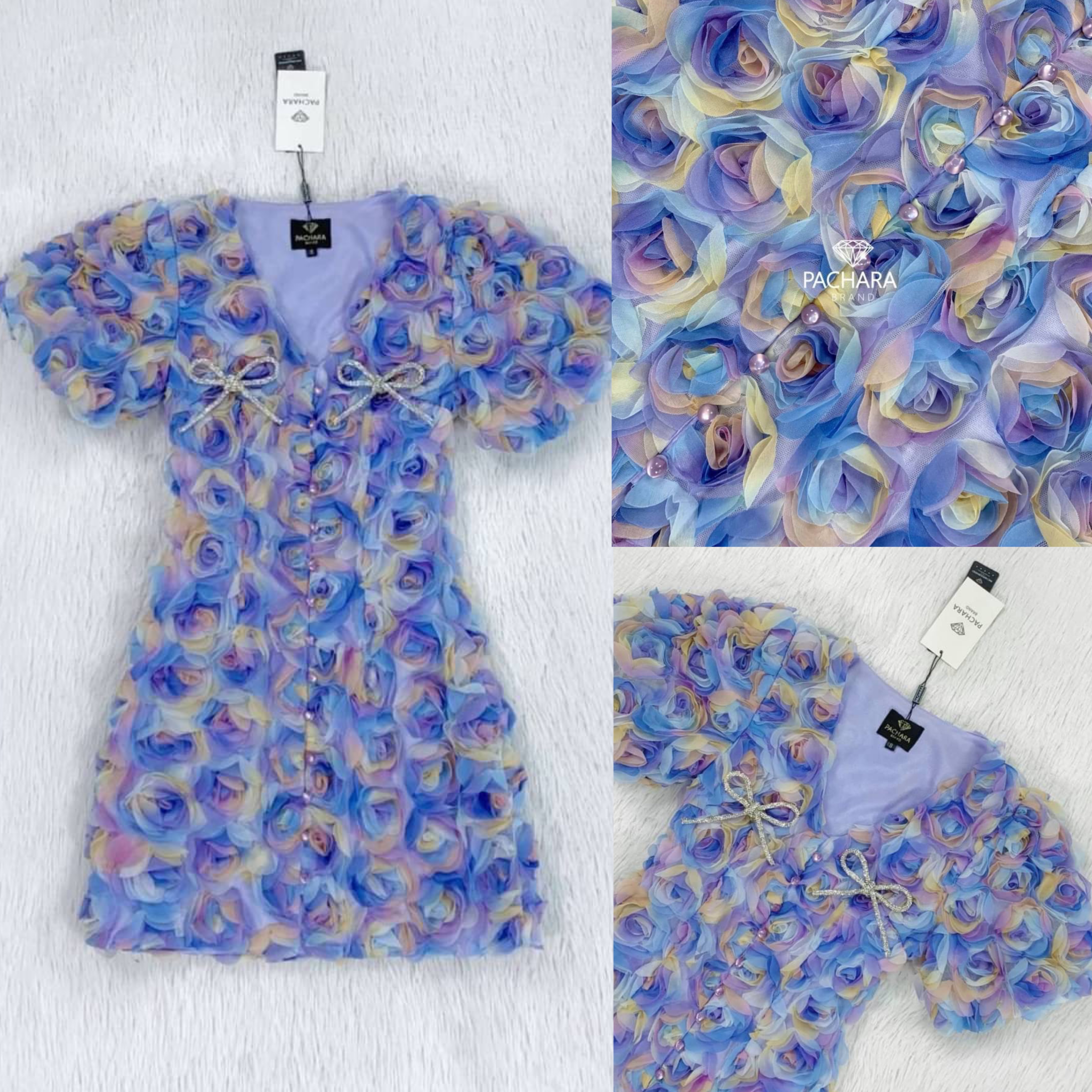 เดรสสั้นคอวีแขนตุ๊กตาสีม่วงพาสเทล ปักดอกกุหลาบ 3D อัดแน่นหลายร้อยดอกทั้งชุด มาพร้อมเข็มกลัดโบว์สีเงินสองข้าง ใส่สบาย สินค้าคุณภาพ (พร้อมส่ง)