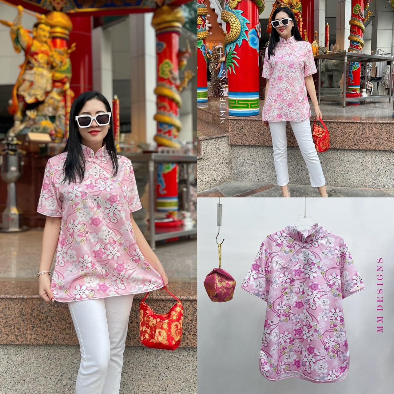 เสื้อกี่เพ้า คอจีนแขนสั้น กุ้นขอบทั้งตัว ตัวเสื้อพิมพ์ลายดอกไม้สวยมาก ใส่สบาย : สินค้าคุณภาพ (พร้อมส่ง)