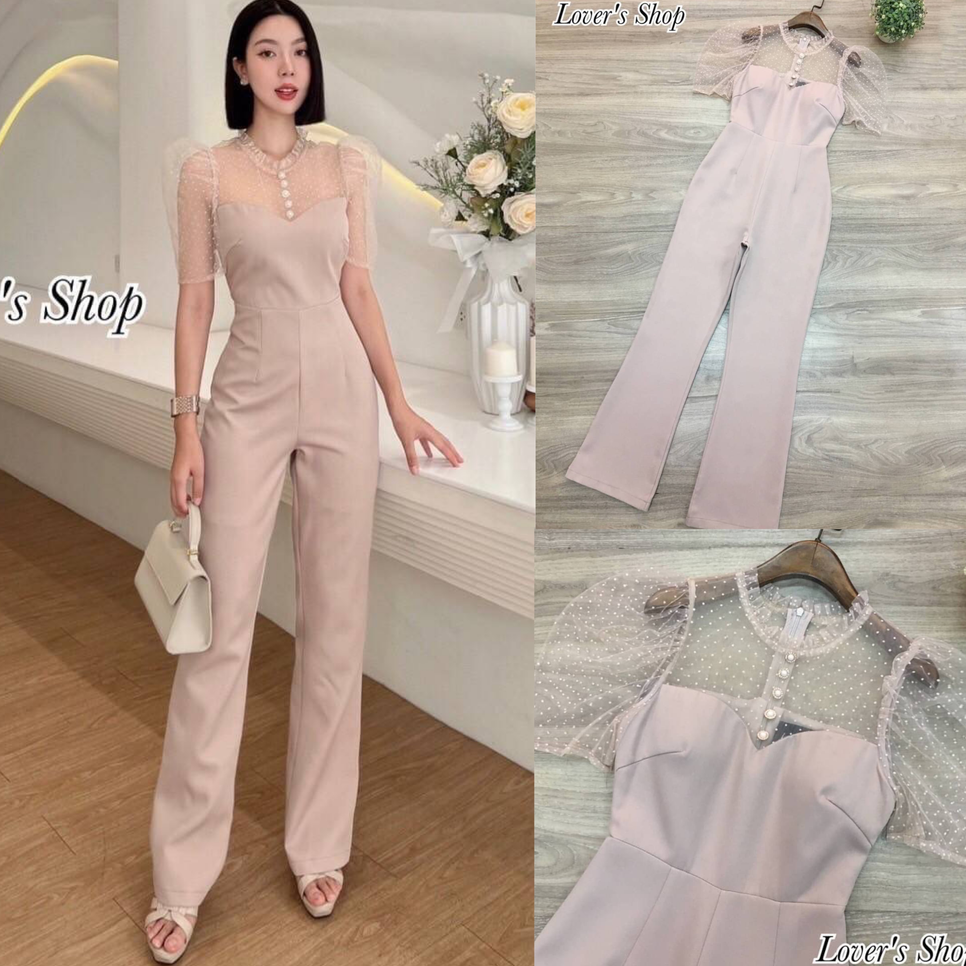 จั้มสูทแขนตุ๊กตา แอบเซ็กซี่เล็กๆ ดีเทลช่วงบนใช้ผ้ามุ้งลายจุด แต่งกระดุมมุข ทรงสวย มีซับในอย่างดี สินค้าคุณภาพ (พร้อมส่ง)