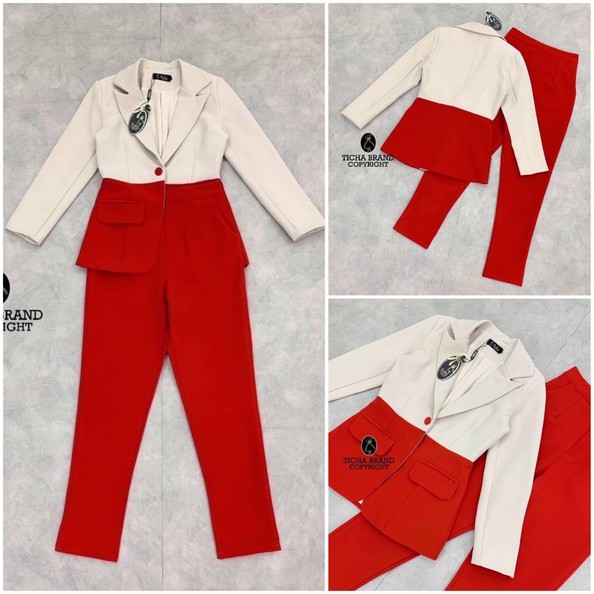 Set ชุดสูท ทูโทนสีสุดฮิต งานอัดกาวผ้า2ชั้นเนียบอย่างดี แต่งกระดุมผ้าในตัว เรียบหรู คู่กับกางเกงเอวสูง ทรงสวย งานสวย ใส่สบาย สินค้าคุณภาพ (พร้อมส่ง)